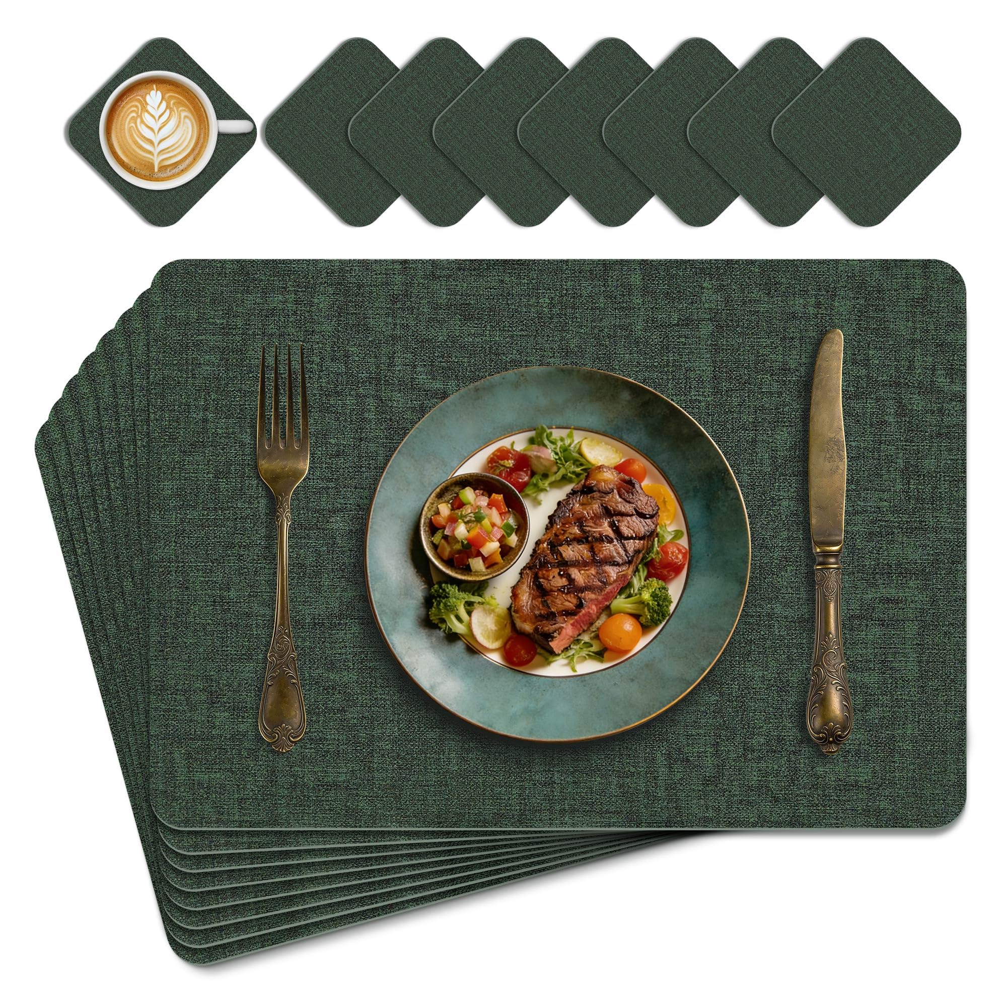 KitchenBoss Tovagliette Americane Lavabili con Sottobicchieri, Set di 8 Tovagliette Colazione Tovaglietta Effetto Pelle Resistenti al Calore, Impermeabili su Entrambi i Lati, 43×30 cm, verde