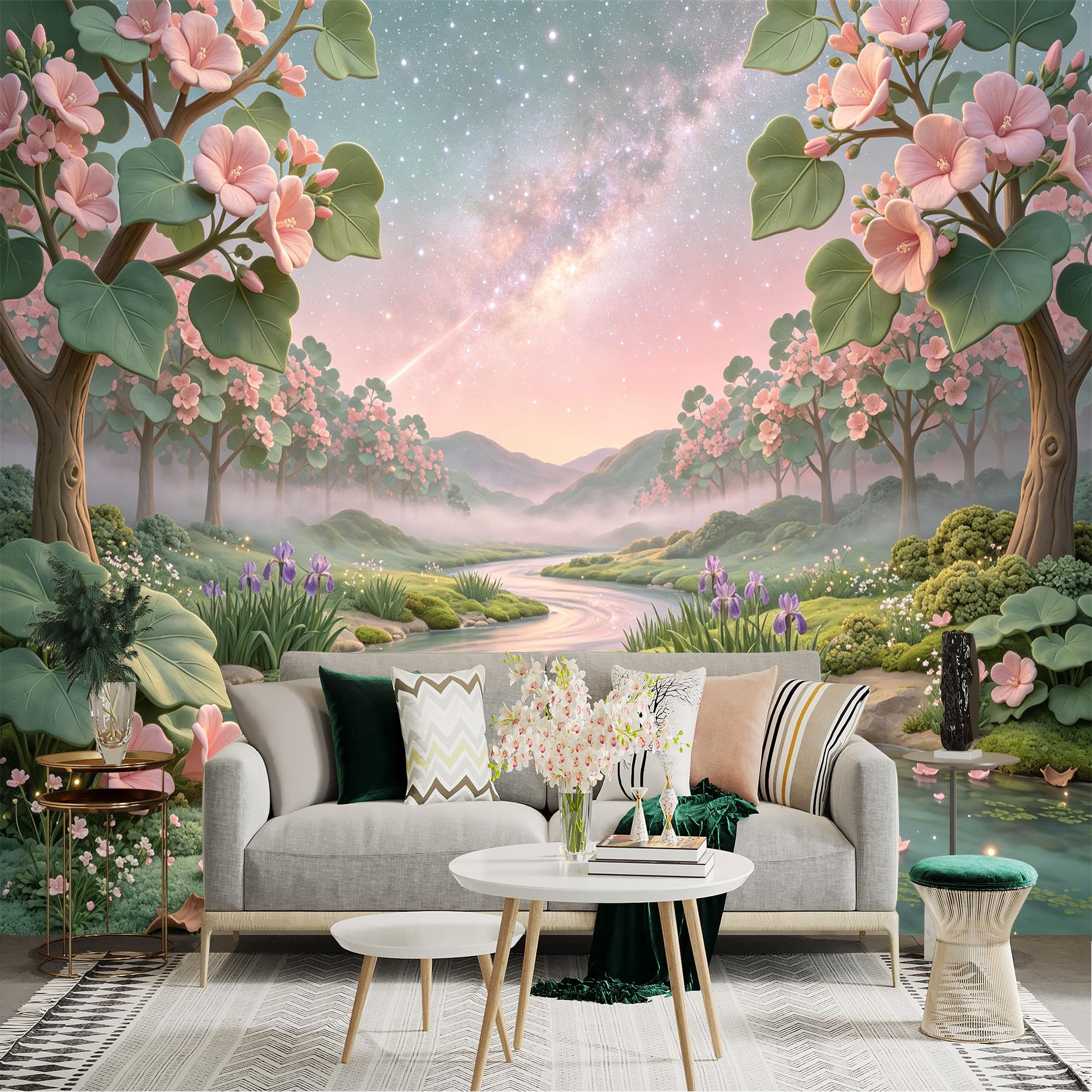 Lnzczhyre Bh260719223 Custom Size Wall Sticker Mural， Pink Floral Trees， Serene River Landscape， Enchanting Milky Way Sky， For Wall Decoration， Peelandstick Wall Decals.