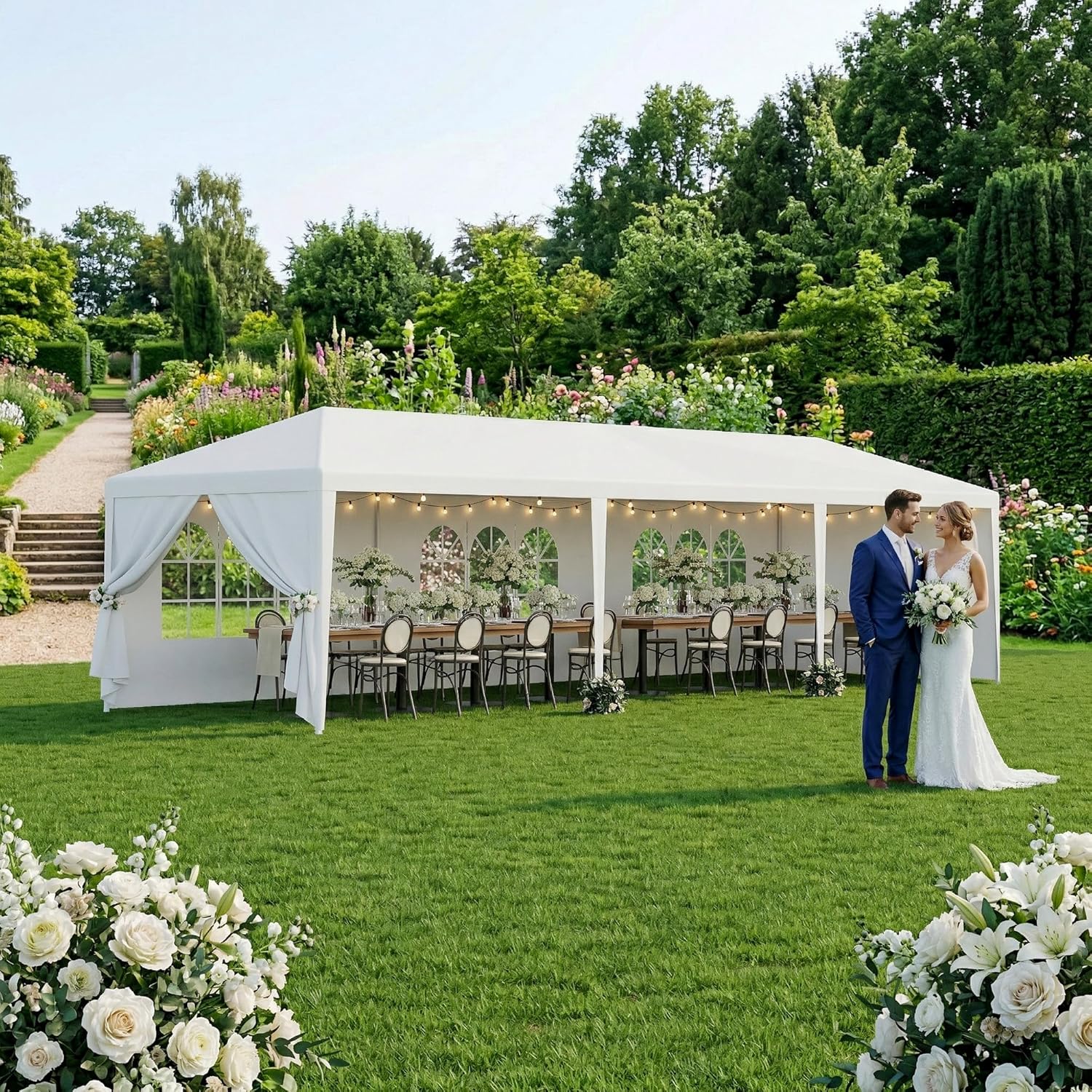 Smartxchoices 10' x 30' Outdoor Waterproof Gazebo Canopy Tent with Removable Sidewalls and Windows Heavy Duty Tent for Party Wedding Events Beach BBQ, White