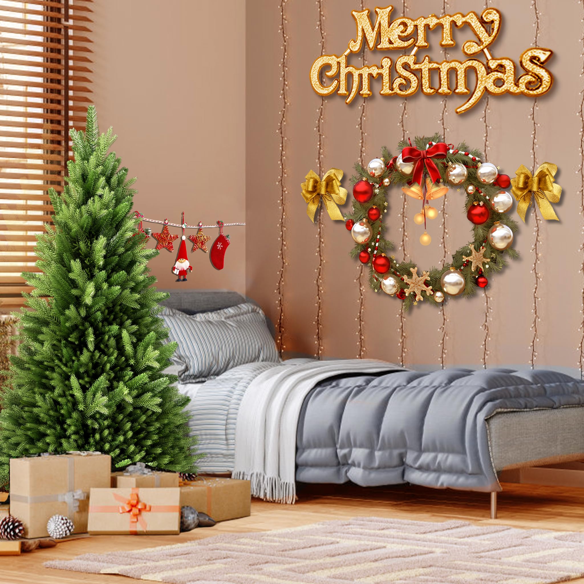 LZQ Sapin de Noël artificiel avec support en bois - Avec éclairage - Avec branches et lumière LED chaude - Pour décoration de Noël - Intérieur et extérieur - 150 cm