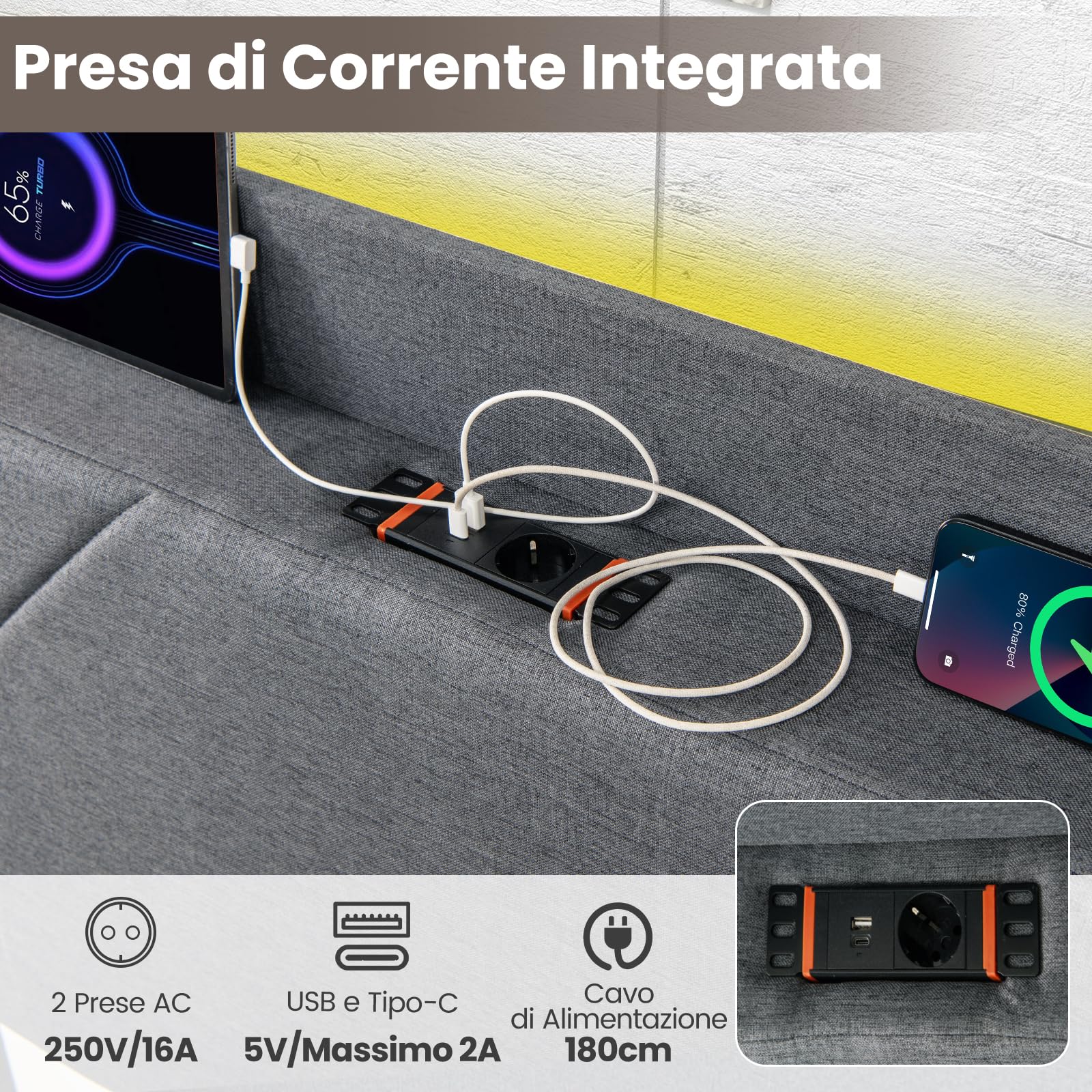 COSTWAY Letto Matrimoniale 140 x 200 cm, Letto Imbottito con Testiera, Luci LED, Stazione di Ricarica, 2 Tasche e 4 Cassetti, Carico 500kg, Silenzioso