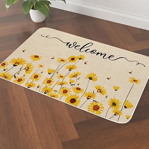 Miniatura 4 de AnyDesign - Tapete decorativo de bienvenida con diseño floral de primavera, diseño de margaritas amarillas, flores, abeja, tapete decorativo de