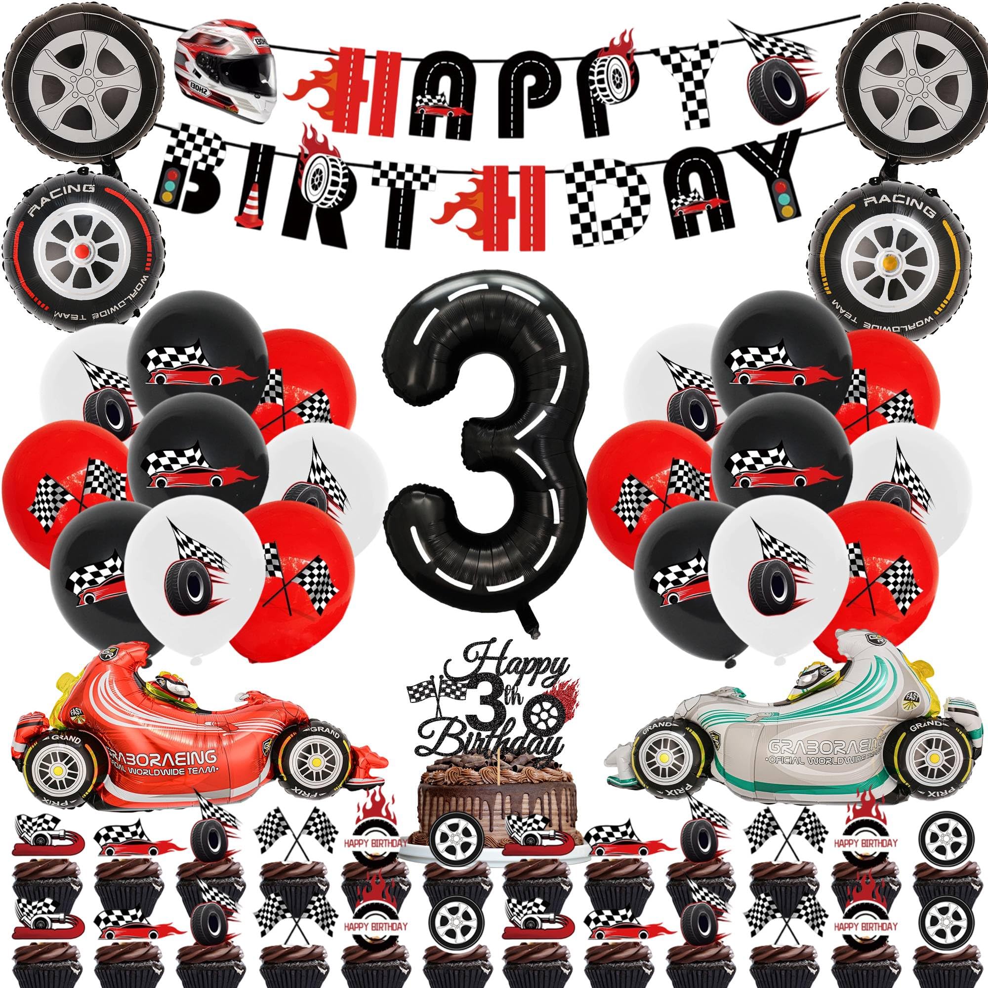 3rd Birthday Decorations Boy Balloons - 51 Pcs Race Car Birthday Decoration Including Banner, Number 3 Motorcycle Balloon and Cupcake Cake Toppers for 3 Year Old Kids Party Supplies