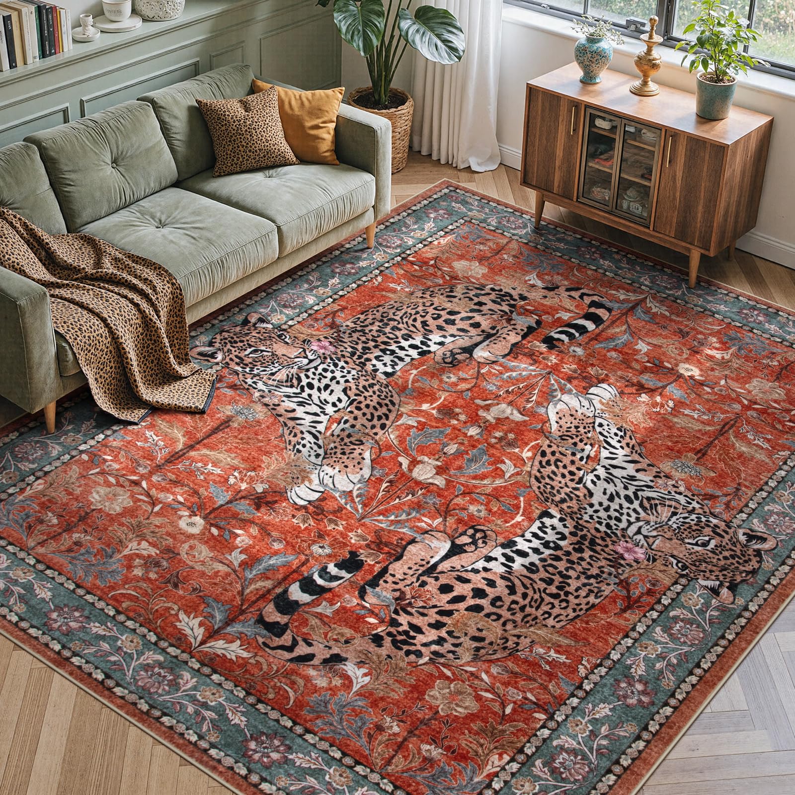 Photo 1 of Moynesa Leopard Washable Rugs, 8x10 Area Rugs for Living Room, Soft Large Vintage 8x10 Bedroom Rug, Botanical Non Slip Ultra Thin Floor Carpet for Dining Room Home Office, Rust