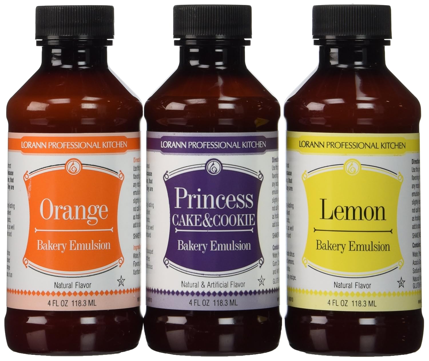 LorAnn Oils Bakery Emulsion Bundle, 4 oz (Lemon, Orange, Princess Cake & Cookie)