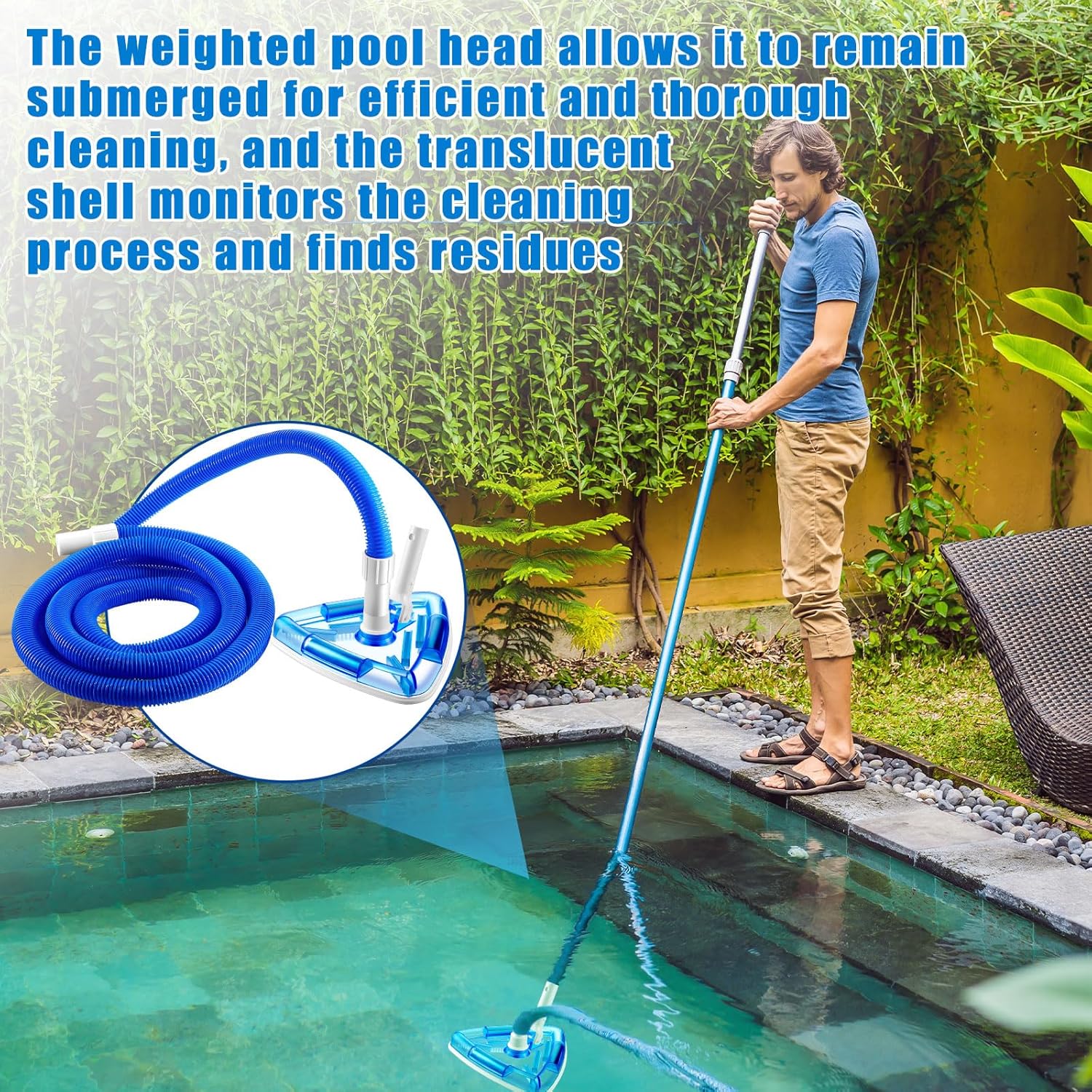 Qinyoung 2 Pcs Swimming Pool Cleaning Kit 1-1/4 Inch x 18 ft Pool Vacuum Hose with Swivel Cuff Triangular Weighted Pool Vacuum Head Connect 1-1/4" or 1-1/2" Hose for Above Ground Inground Pools, Blue