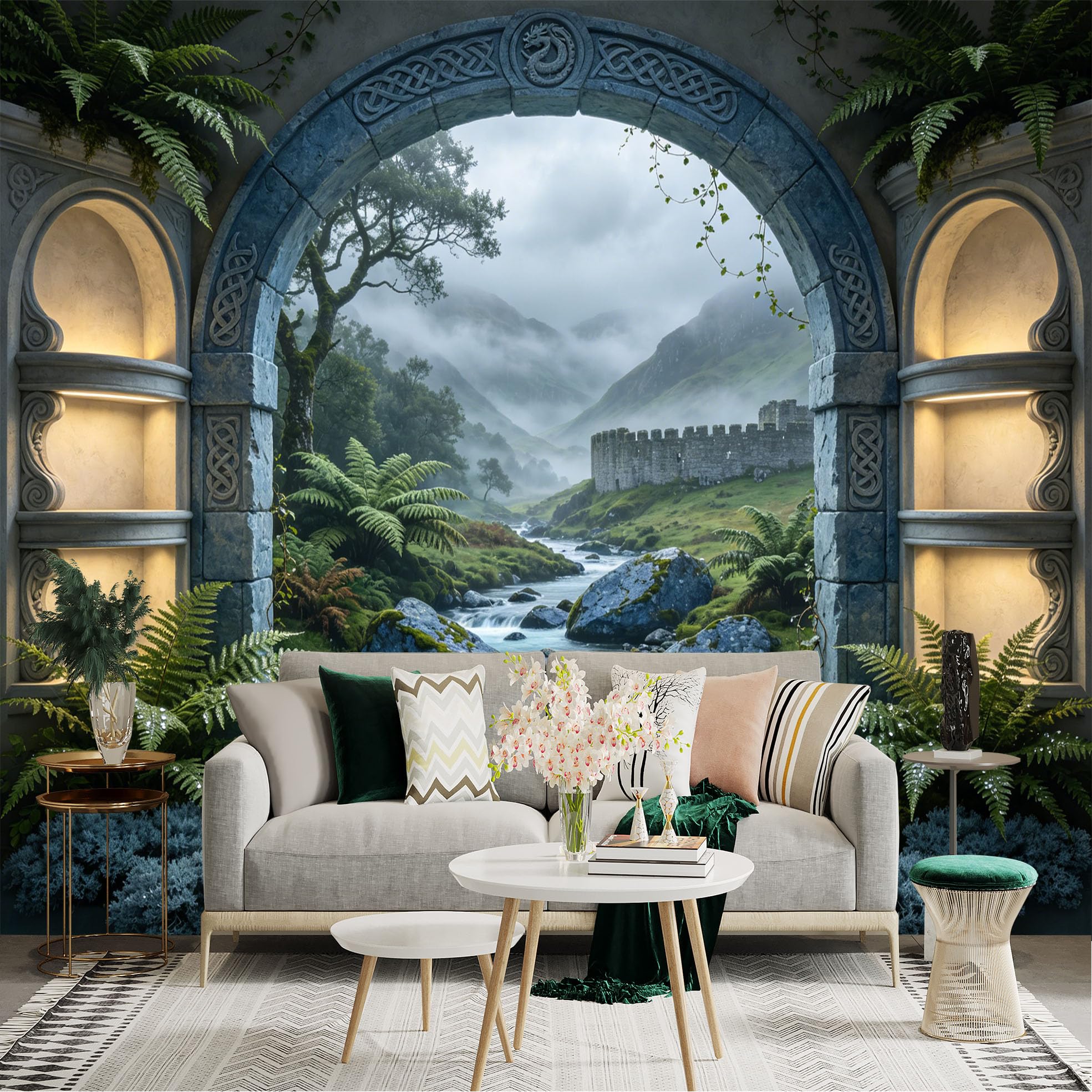 Custom Size Wall Sticker Mural， Fantasy Stone Archway with River， Castle and Misty Mountains， for wall Decoration， peelandstick wall Decals.