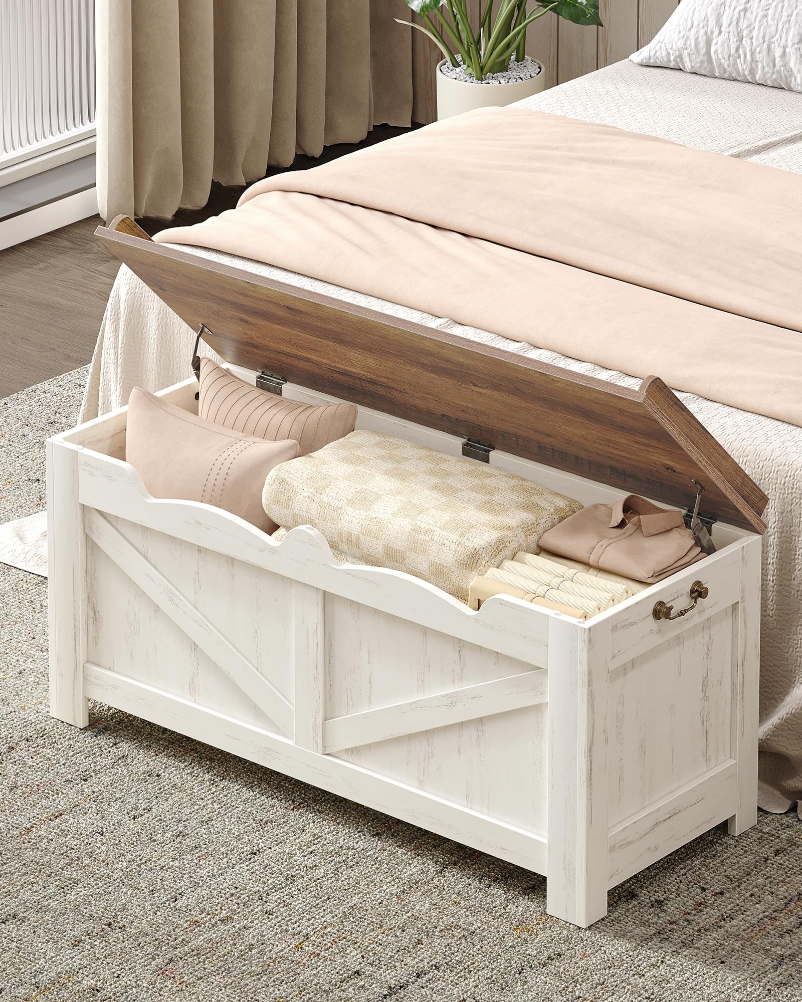 Hzuaneri Cassapanca 100 cm, Panca Contenitore da Interno, Panca Portaoggetti, Pouf Contenitore Rettangolare, 40 x 100 x 48 cm, per Corridoio, Camera da Letto, Soggiorno, Bianco Marrone SB04514B