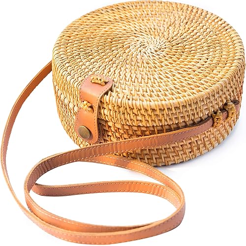 Handwoven Round Rattan Bag Shoulder Leather Straps Natural Chic Hand NATURAL NEO
