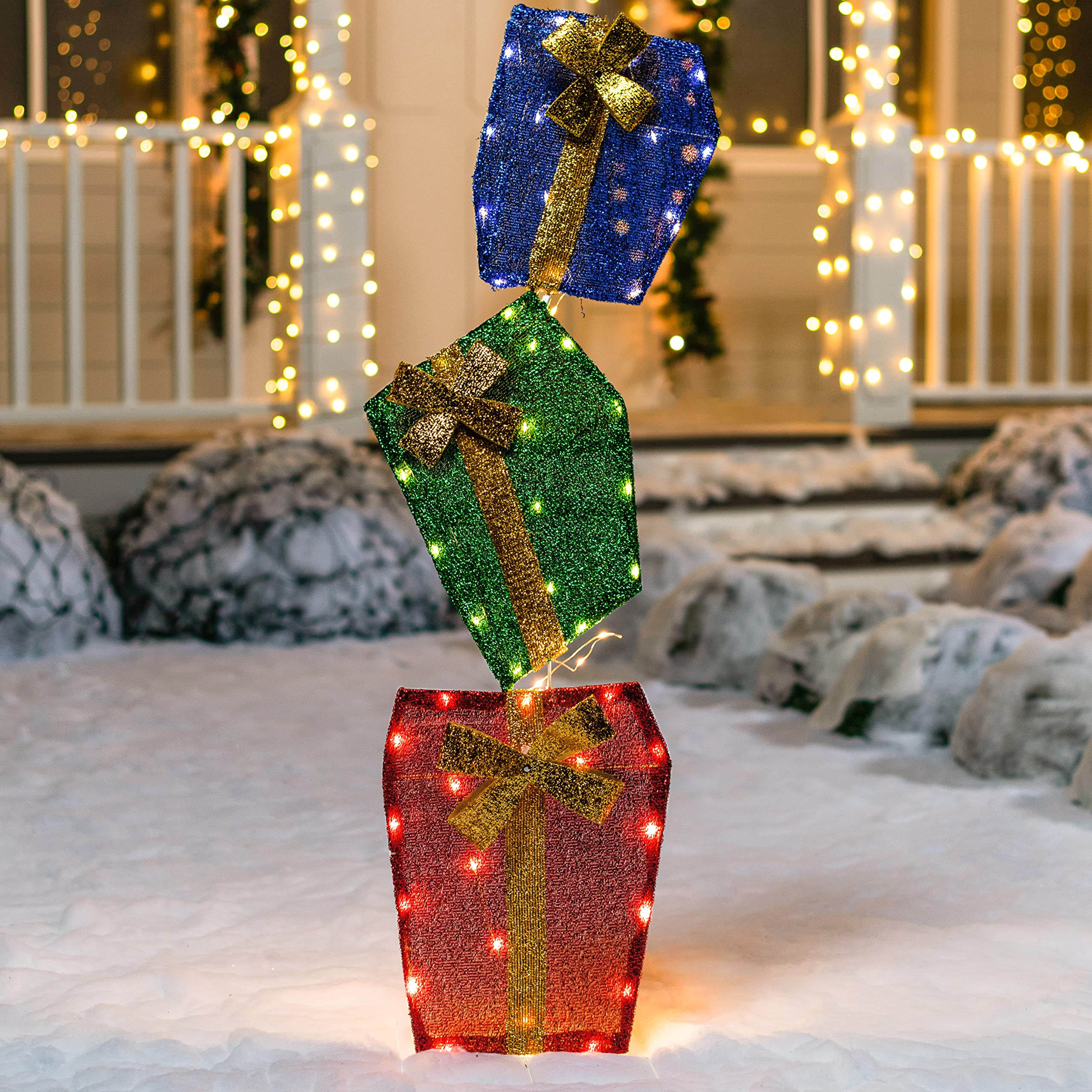 JOIEDOMI 4FT Christmas 2D Stacked Gift Boxes Tinsel Yard Light 60 Pre