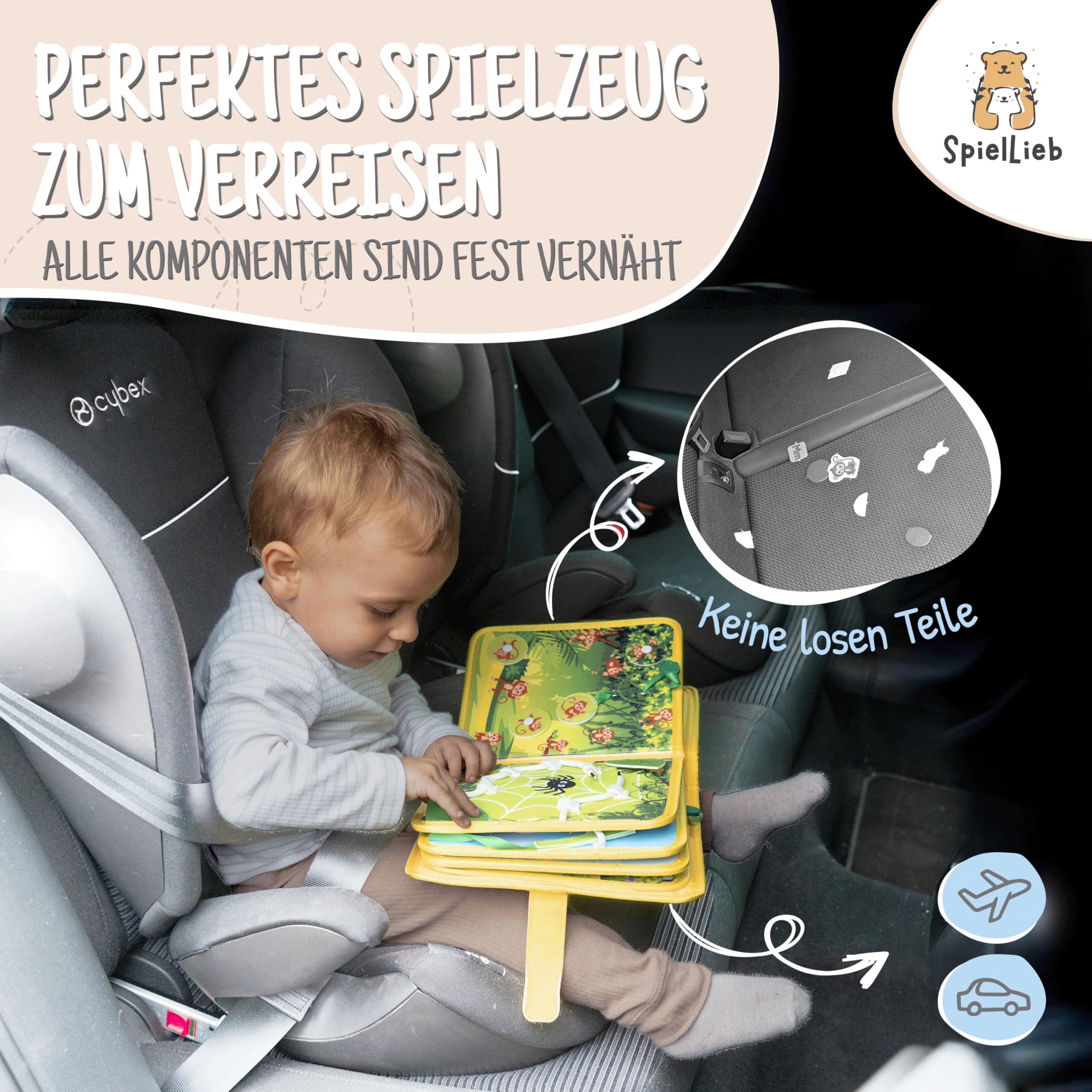 SpielLieb® Montessori Quiet Book ab 1 Jahr - interaktives Busy Board ab 1 Jahr mit Tieren - Quiet Book & Motorikspielzeug, ideale Beschäftigung für Autofahrten - Geschenk Junge & Mädchen (Gelb)