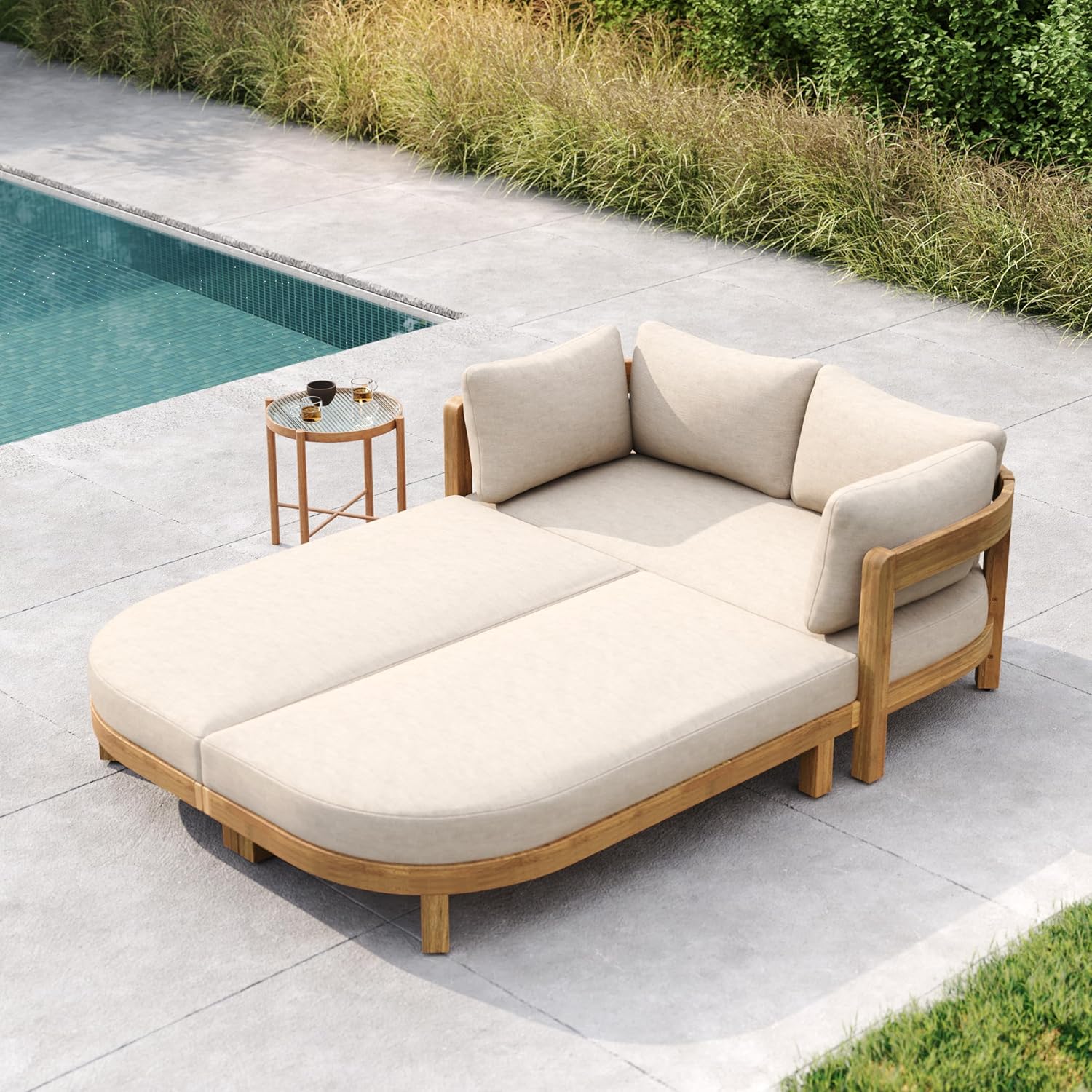 Merax Outdoor Acacia Wood Daybed with Cushions, Chaise Lounge Sofa with Curved Armrest for Patio Backyard and Garden, Teak Finish with Beige Cushion