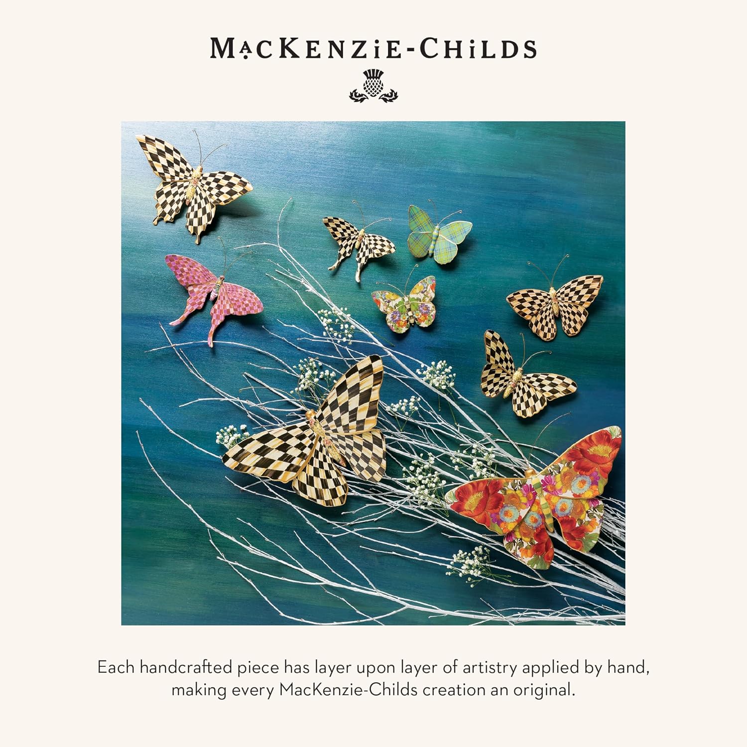 MACKENZIE-CHILDS Set of 3 Decorative Magnets, Magnetic Art for Metal Items and Refrigerator Decor, Courtly Check Butterfly