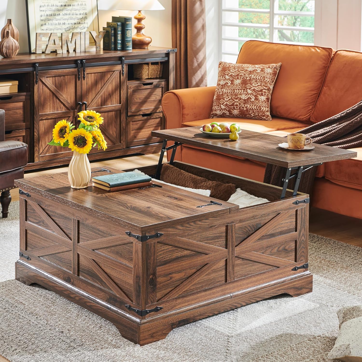 Product image of JXQTLINGMU Farmhouse Lift Top Coffee Table with Storage, 36" Wood Square Center Table with Large Hidden Compartment, Rustic Lift Tabletop Dining Table for Home Living Room, Brown