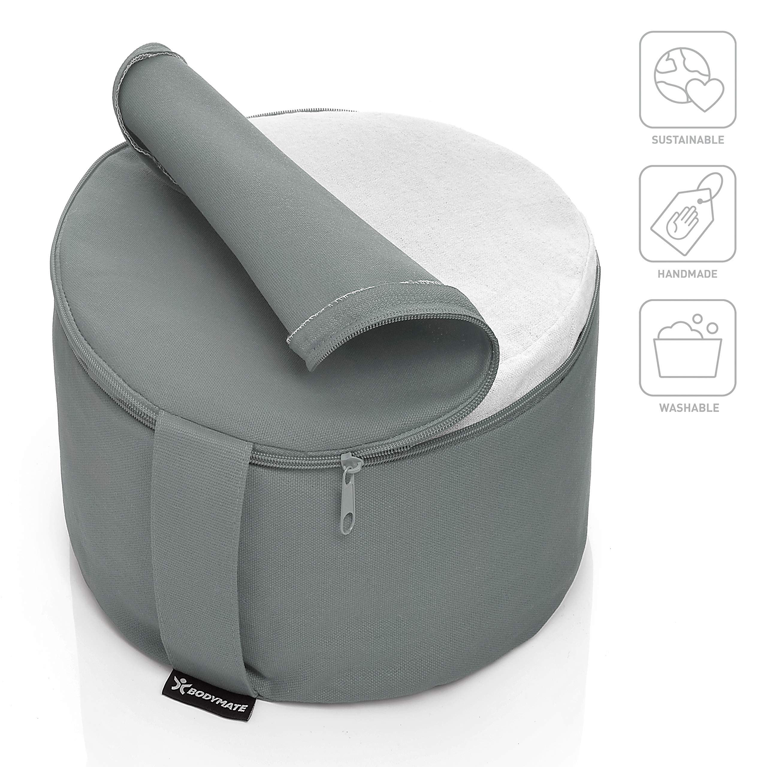BODYMATE Cuscino da Yoga rotondo Extra Alto 20cm Diametro 31cm con Imbottitura di Grano Saraceno e Spelta – Rivestimento Lavabile in Lavatrice 100% Cotone extra Spesso – Cuscino da Meditazione – Zafu