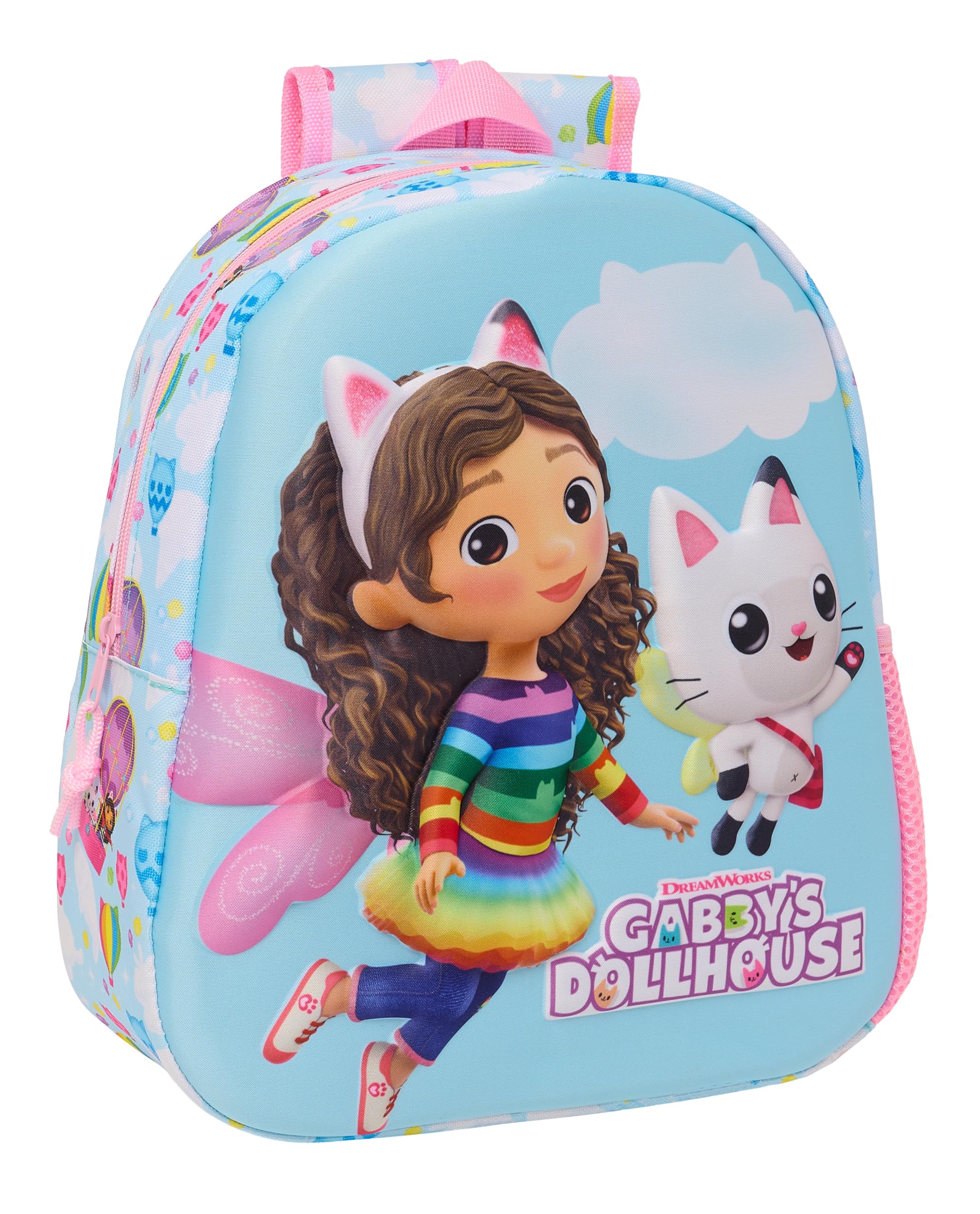 Safta GABBY'S DOLLHOUSE - Mochila Escolar, con Diseño 3D, Adaptable a Carro, Ideal para Niños de Diferentes Edades, Cómoda y Versátil, Calidad y Resistencia, 27x10x33 cm, Color Celeste/Rosa