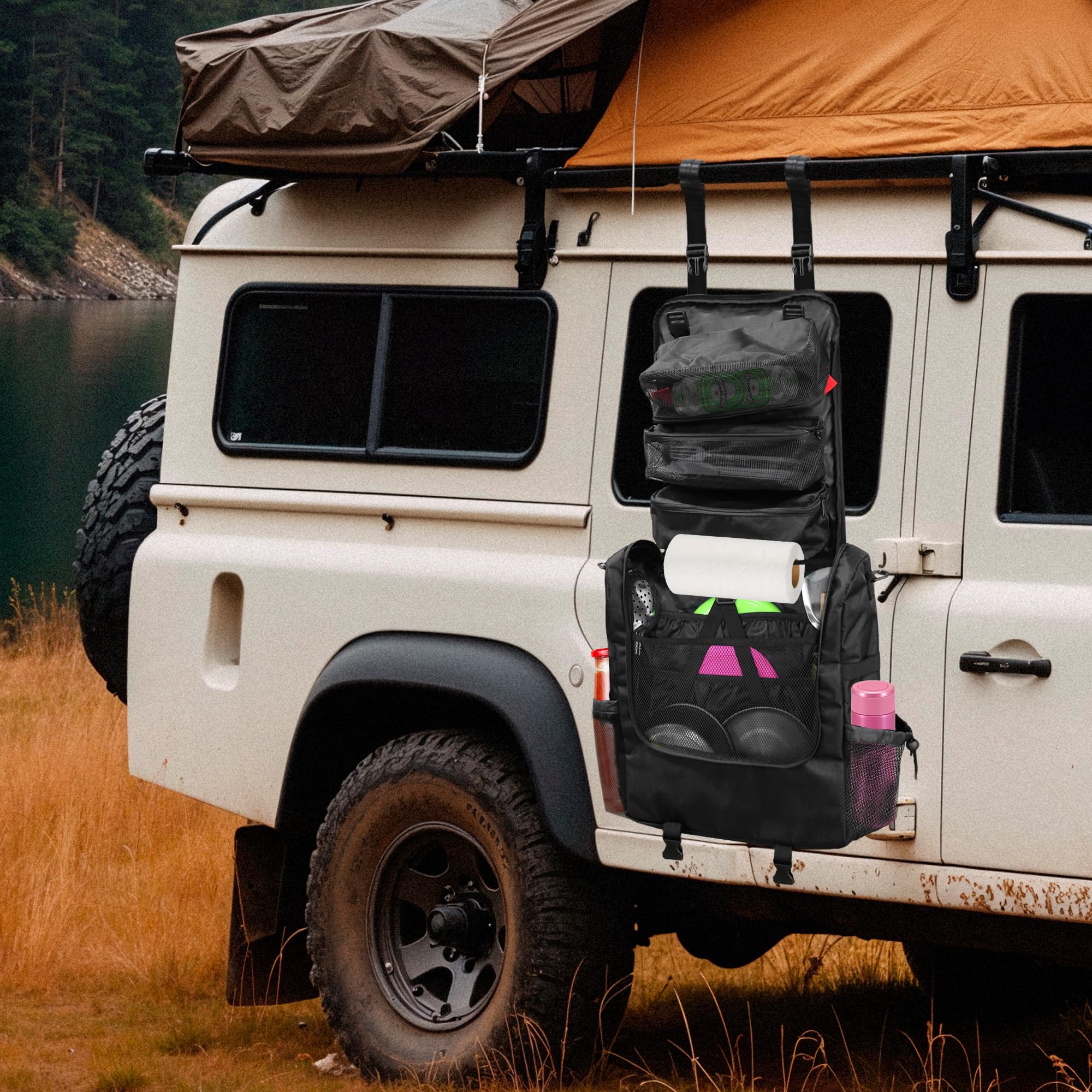 Camping-Küchen-Organizer, tragbare Kochutensilien-Aufbewahrung, hängende Caddy Tasche mit mehreren Taschen für Camping, Kochgeschirr, Grillen, Auto, Reisen, Picknick (nur Tasche), schwarz