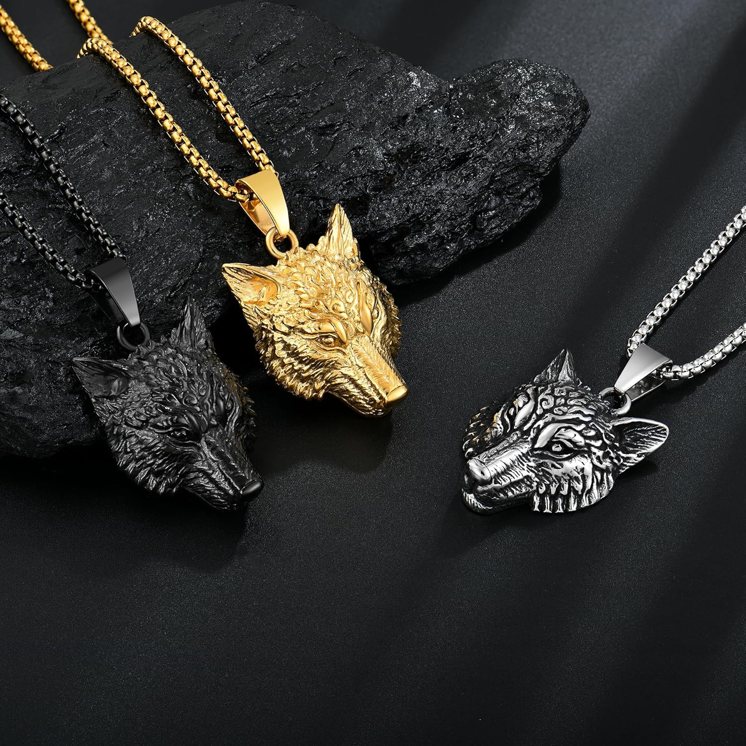 Viking Tribal Wolf Necklace, Norse Talisman Pendant for Men, with 24" Rolo Chain - Image 4