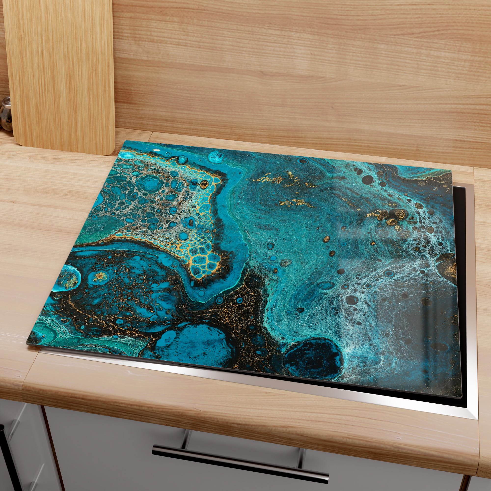 DEQORI Szklana płyta ochronna na kuchenkę, jednoczęściowa 60 x 52 cm, motyw "wzór oceaniczny", płyta ceramiczna, uniwersalna pokrywa na kuchenkę, szklana płyta i deska do krojenia na płyty grzewcze