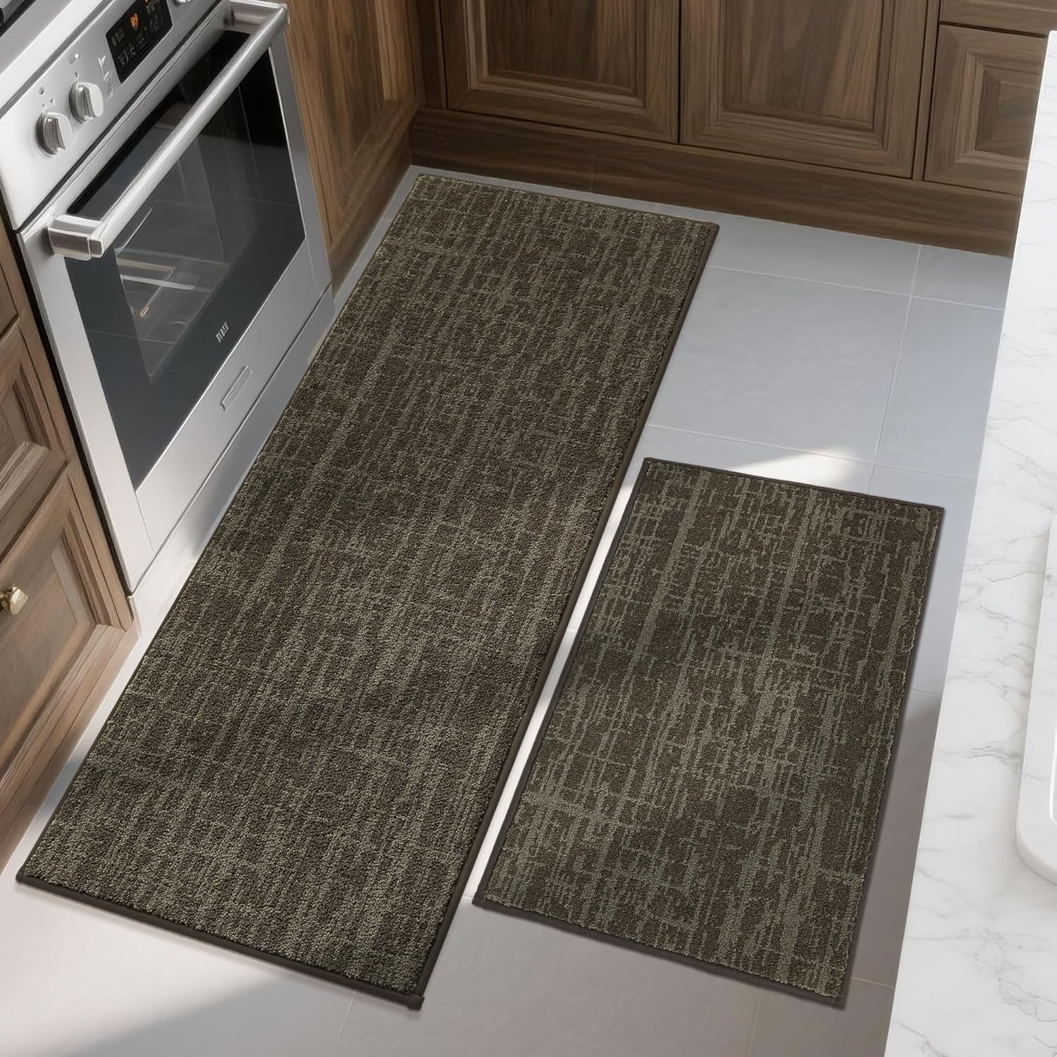 COSY HOMEER Kitchen Rugs Non Slip Washable 24"x36"+24"x60",Absorbent Soft Kitchen Mats for Floor,Polyester Kitchen Runner Rug Sets of 2,Kitchen Floor Mats for Sink Mat,Hallway,Laundry,Brown