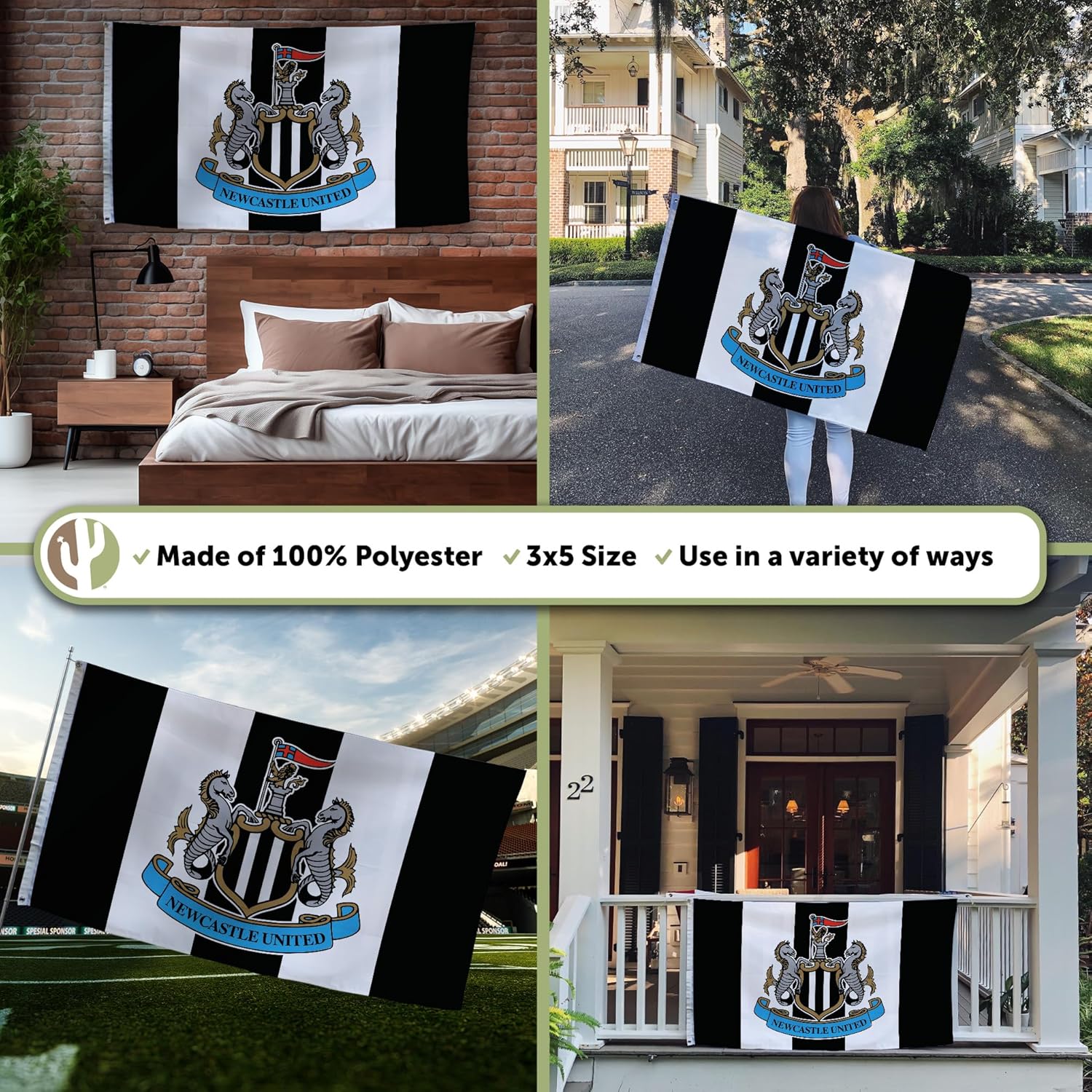 Desert Cactus Newcastle United Flag - 3 x 5 Feet The Magpies Football Soccer Banner, Indoor/Outdoor Durable Fabric, 100% Polyester Design (Design D)
