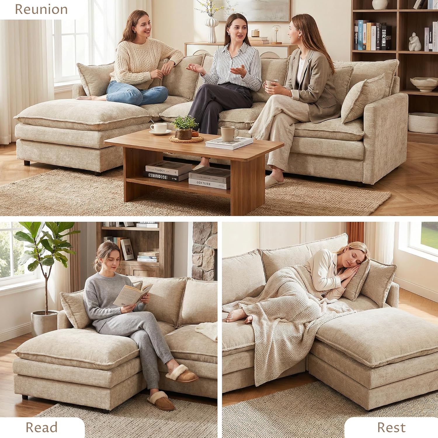 GRAVFORCE 102” L-Shaped Modular Sectional Sofa, 4-Piece Convertible Couch Set with Movable Ottoman, Comfy Cloud Living Room Furniture Sets, Soft Chenille, Deep Seat, for Apartment Office, Coffee