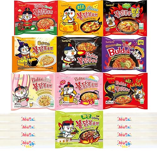 MunchMo Buldak Ramen Variedad 10 paquetes (10 fideos Buldak diferentes), Ramen coreano, fideos ramen Buldak, fideos, paquete variado de fideos,