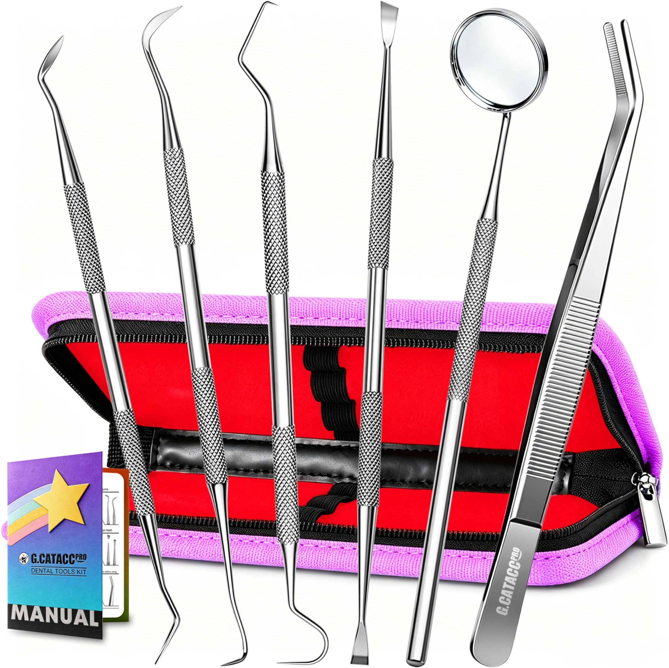 G.CATACC Dental Tools, Dental Pick Teeth Cleaning Tools Hygiene Kit, Plaque Remover for Teeth, Professional Stainless Steel Tooth Scraper Plaque Tartar Cleaner - with Case