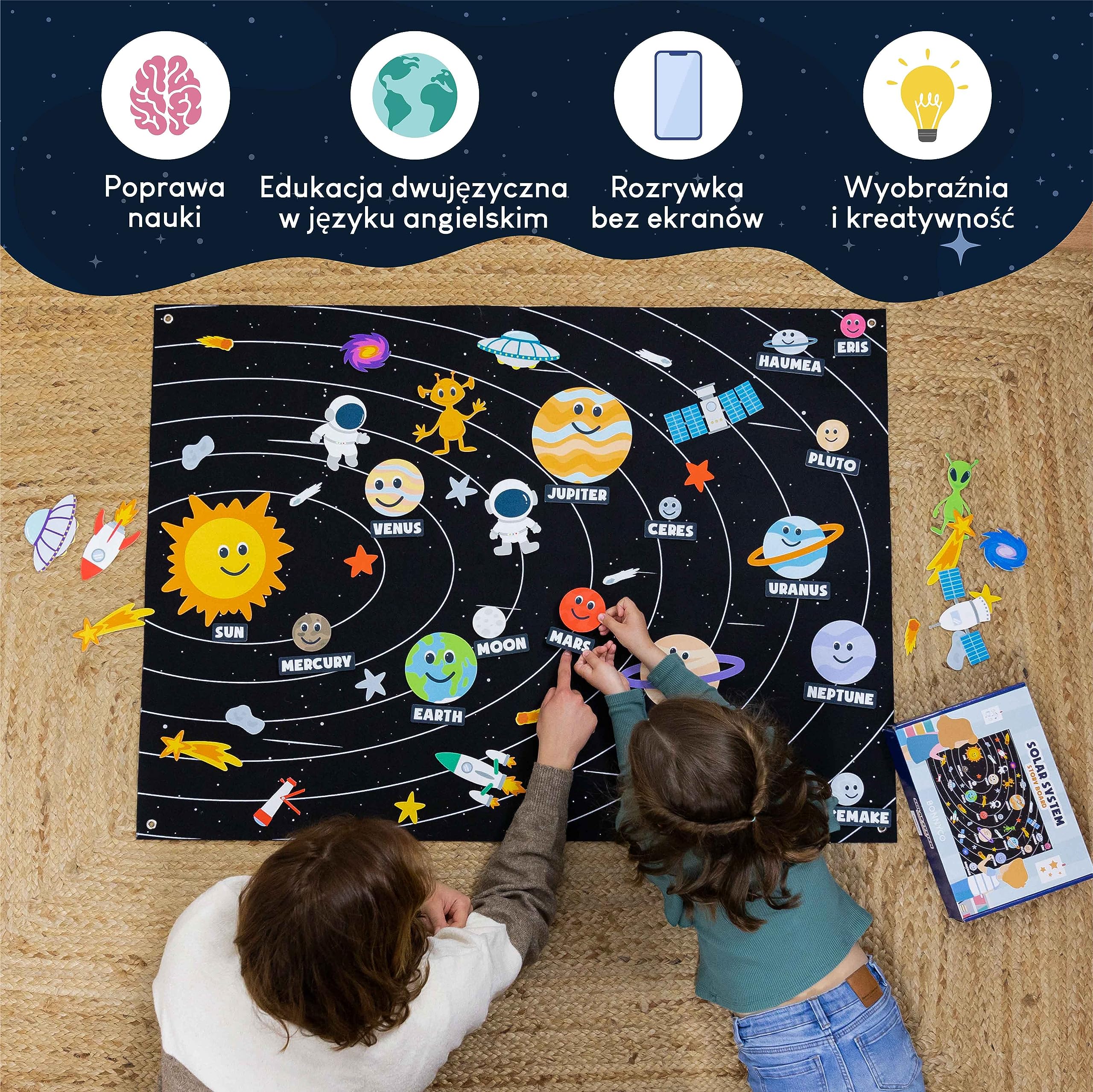 BONNYCO Układ Słoneczny dla Dzieci z 61 Filcowymi Figurkami. Chłopcy, Dziewczynki, Prezenty Urodzinowe. Zabawki Montessori, Planety Filcowe na Prezenty dla Dzieci 3 4 5 6 7 8 Boże Narodzenie