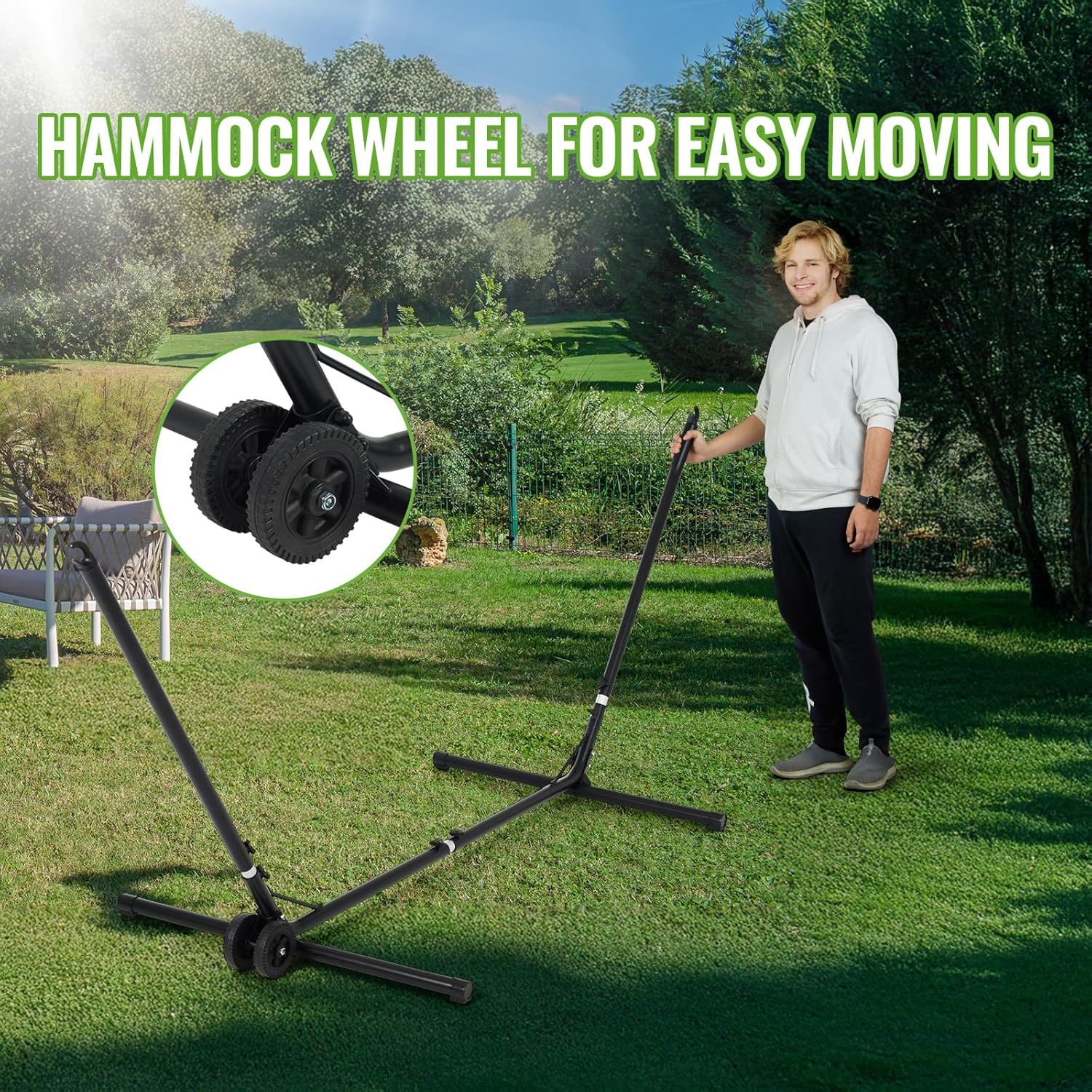 Backyard Expressions Adjustable One Size Fits All Hammock Stand with Wheels – 9FT Steel Heavy Duty Portable Frame, 450 lb Capacity, Easy No-Tool Assembly