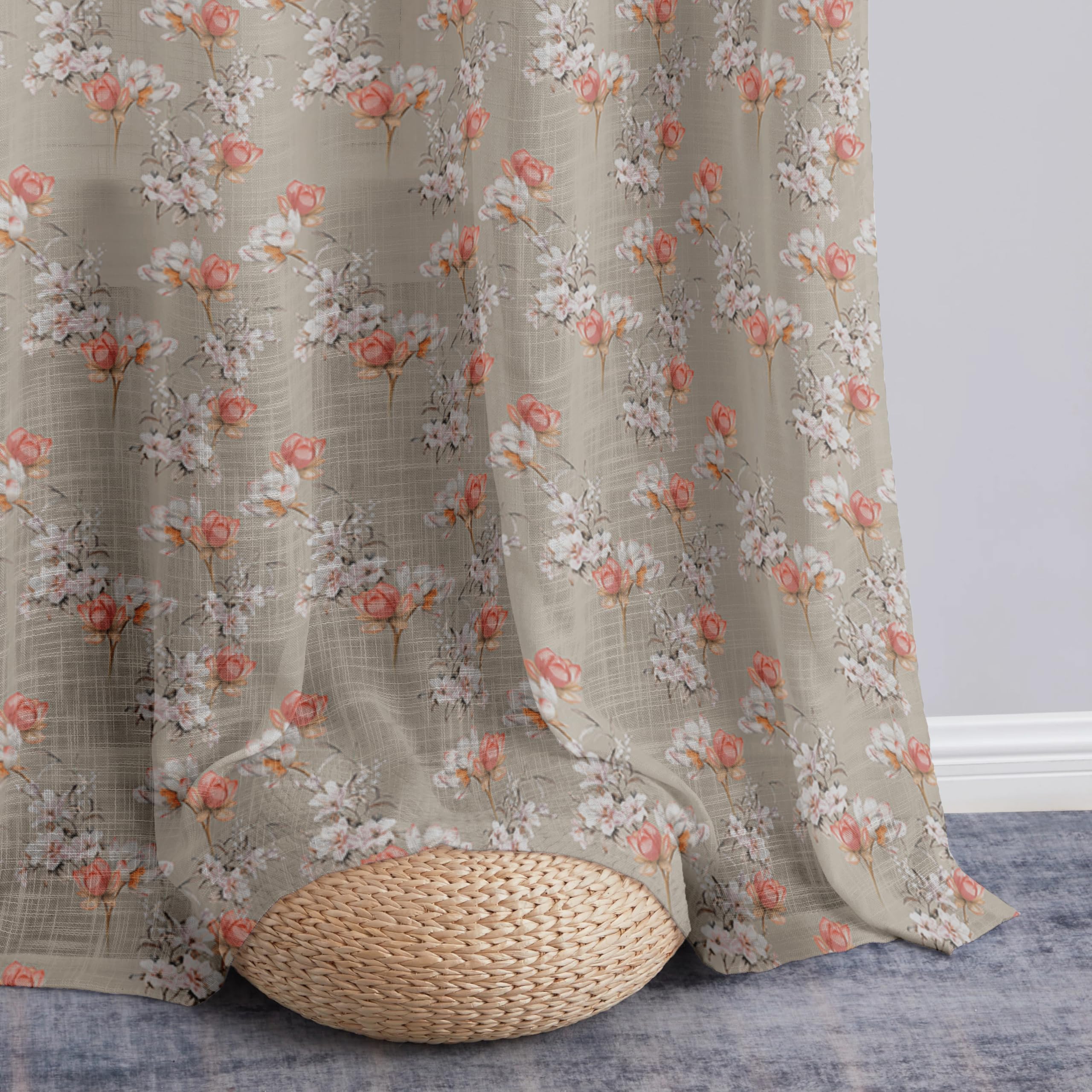 Story@Home Sheer Curtains 8 Feet Long Set Of 2 | Floral Print | Semi Transparent Curtain | Net Curtain | Semi Long Door Curtains For Living Room | (118 X 242 Cm, Beige & Pink) | Perfect For Home Decor