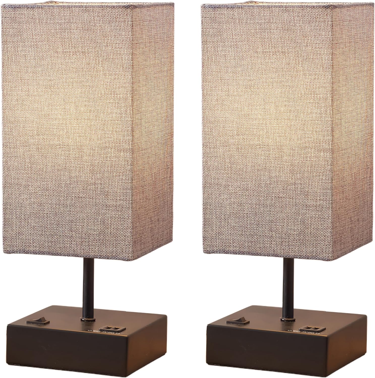 Urban Home Furniture Set of 2 Hutchinson Bedside Lamp, USB Table Lamp, Nightstand Lamp with 2 USB Ports, Desk Lamp for Bedroom, Living Room, Small Table Lamp, Grey Fabric Shade