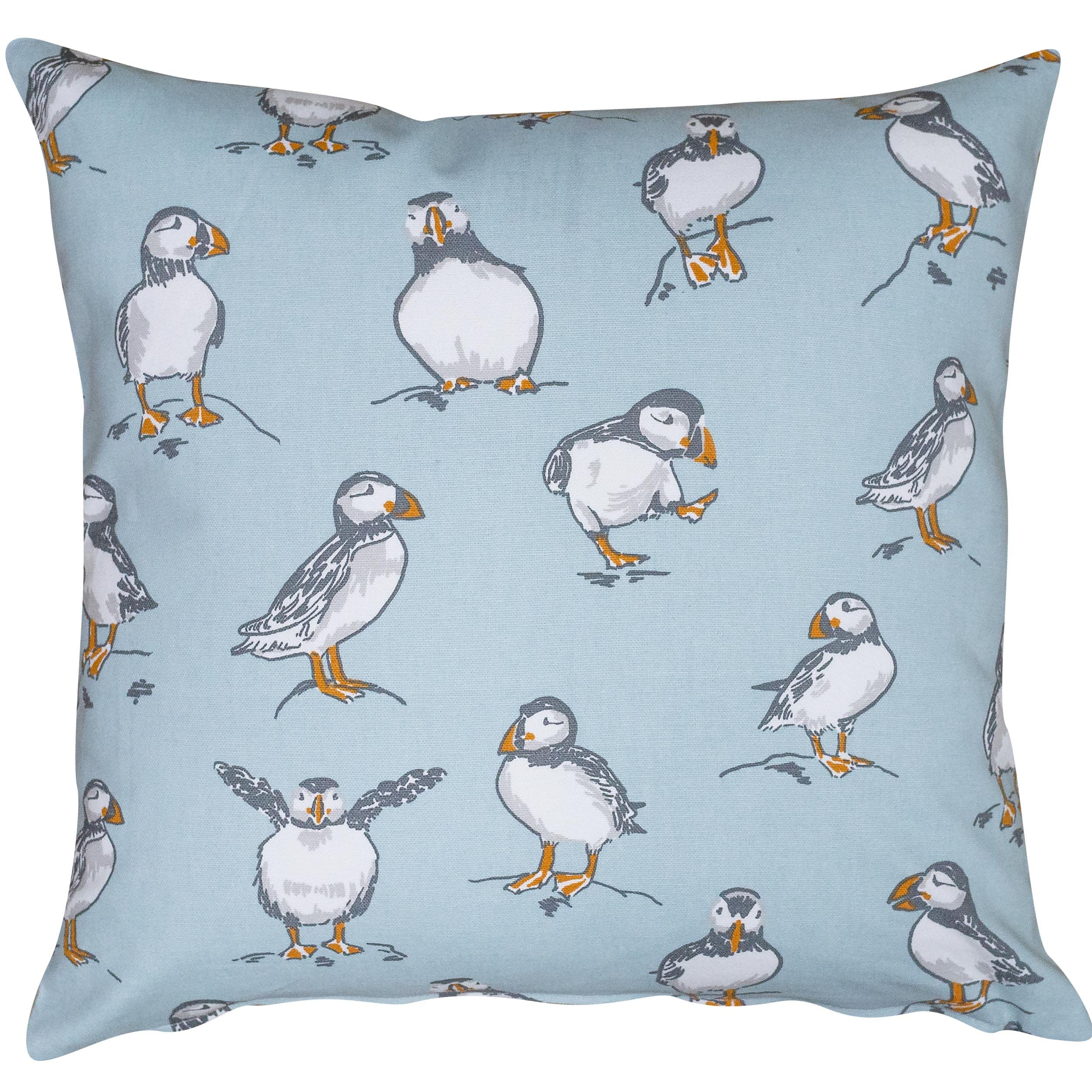 Linen Loft Blue Seaside Puffins Cushion Cover In Mineral Nautical Inspired Marine Seabird Motif Design. 100% Cotton, 17X17 Square Cushion Cover Only