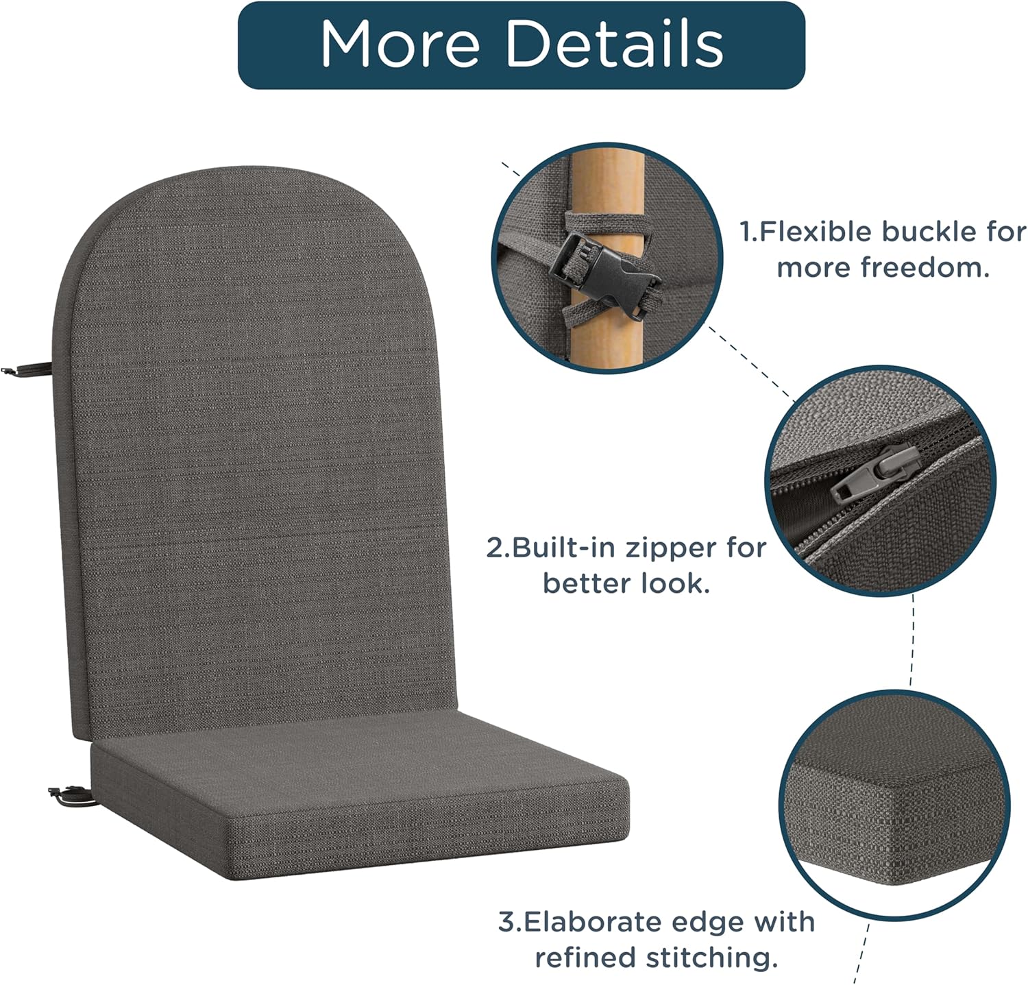 Codi Adirondack Chair Cushion – Outdoor Rocking Seat Cushions for Patio & Porch, Fade Resistant Waterproof Fabric with Ties, Grey