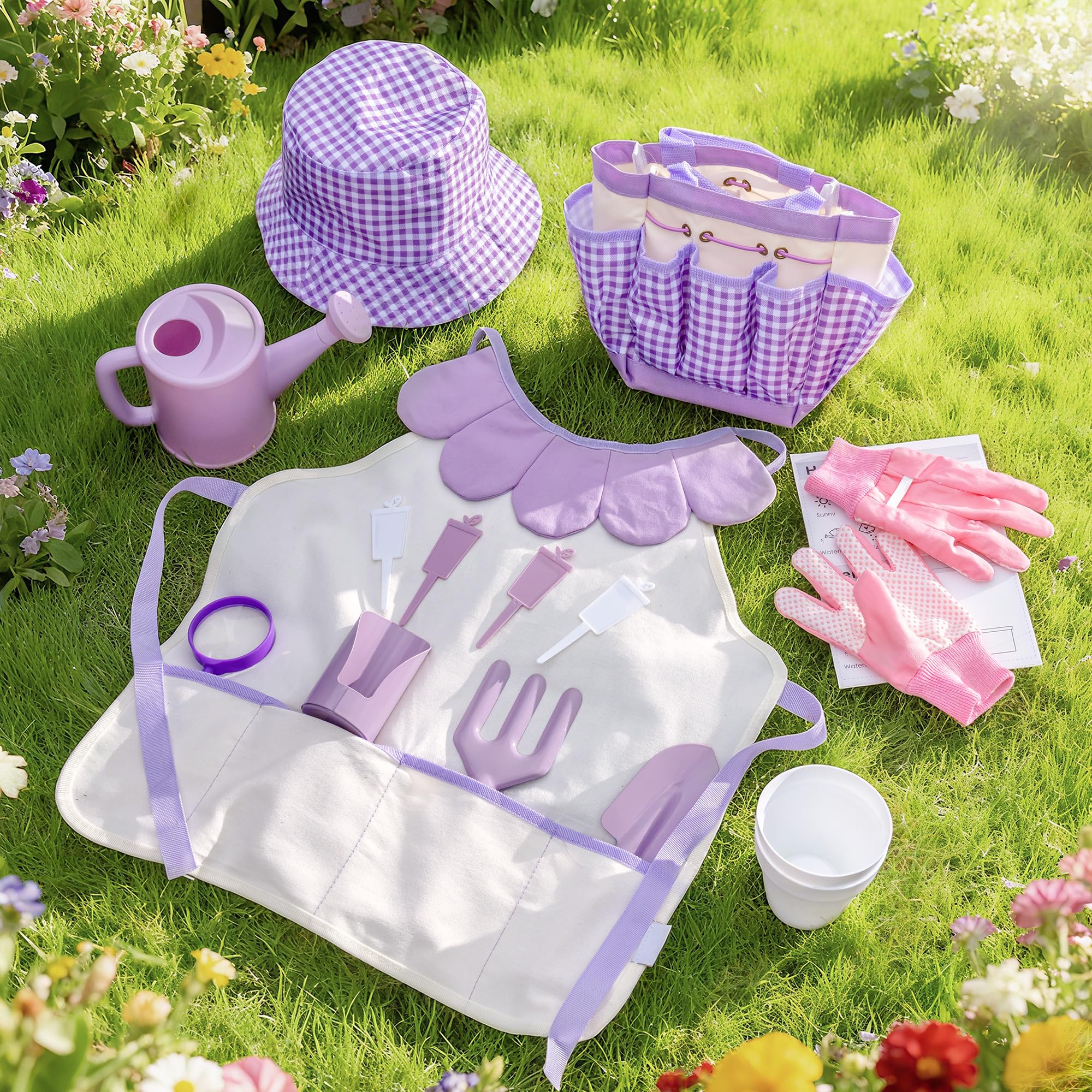 ROBOTIME Set di attrezzi da giardino per bambini, 18 pezzi, colore viola, per bambini con annaffiatoio, guanti, grembiule, cappello e borsa per ragazzi e ragazze dai 3 anni in su
