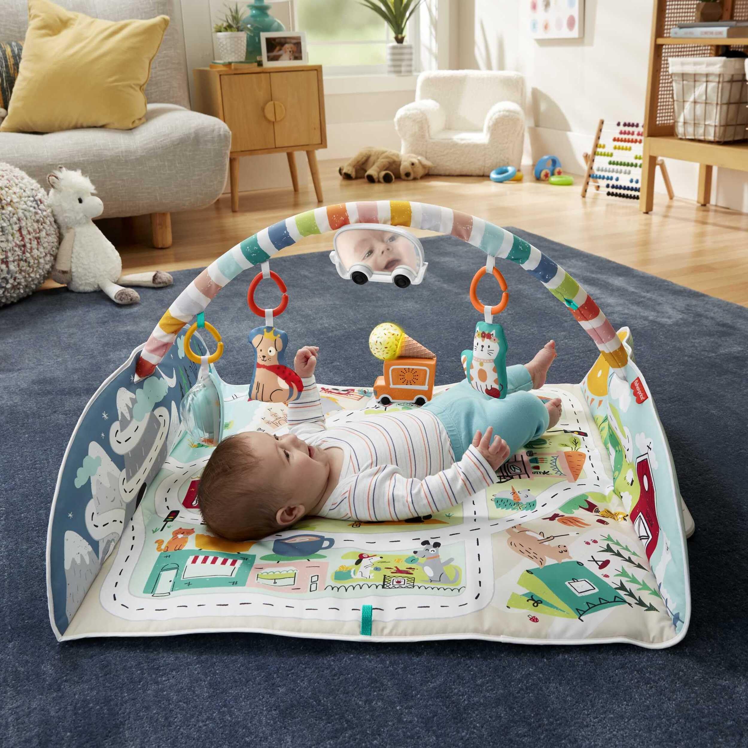 Fisher-Price Mantita Activity City Gym to Jumbo, Gimnasio para niños pequeños y bebés con música, Luces, vehículos de Juguete y una mantita de Juego Extragrande (GRV42)