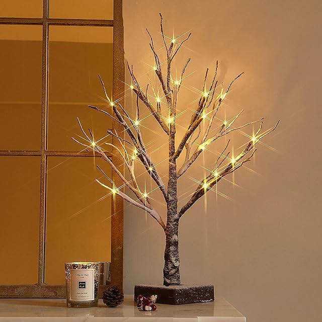 Hairui Tabletop Twig Tree Lights Snow Dusted 24 LED 18 Inches for Christmas Battery Operated with Timer Indoor Use