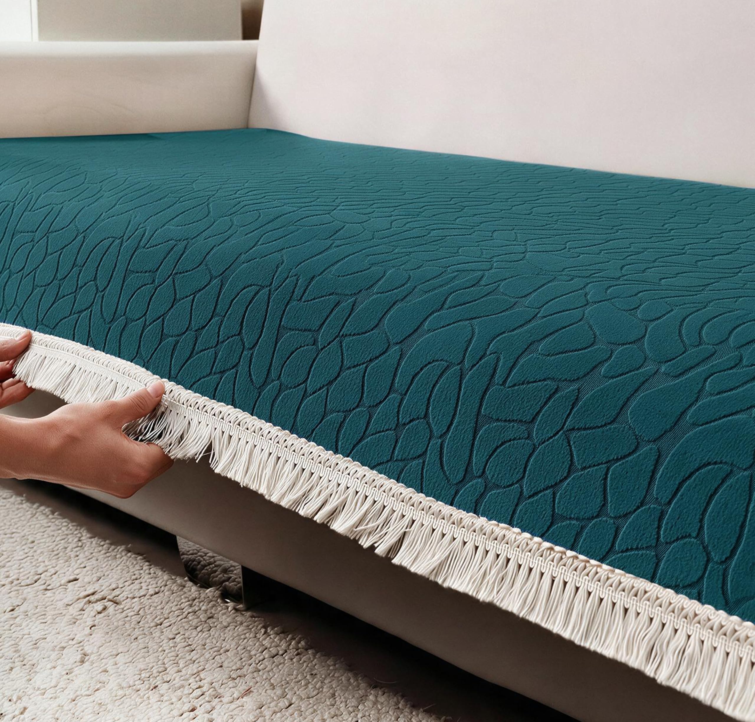 yellow weaves anti slip 3 seater sofa cover protector, 90x180 cm | sofa throw with fringe | non slip dot backing couch mat | washable slipcover for living room | stone embossed, peacock blue