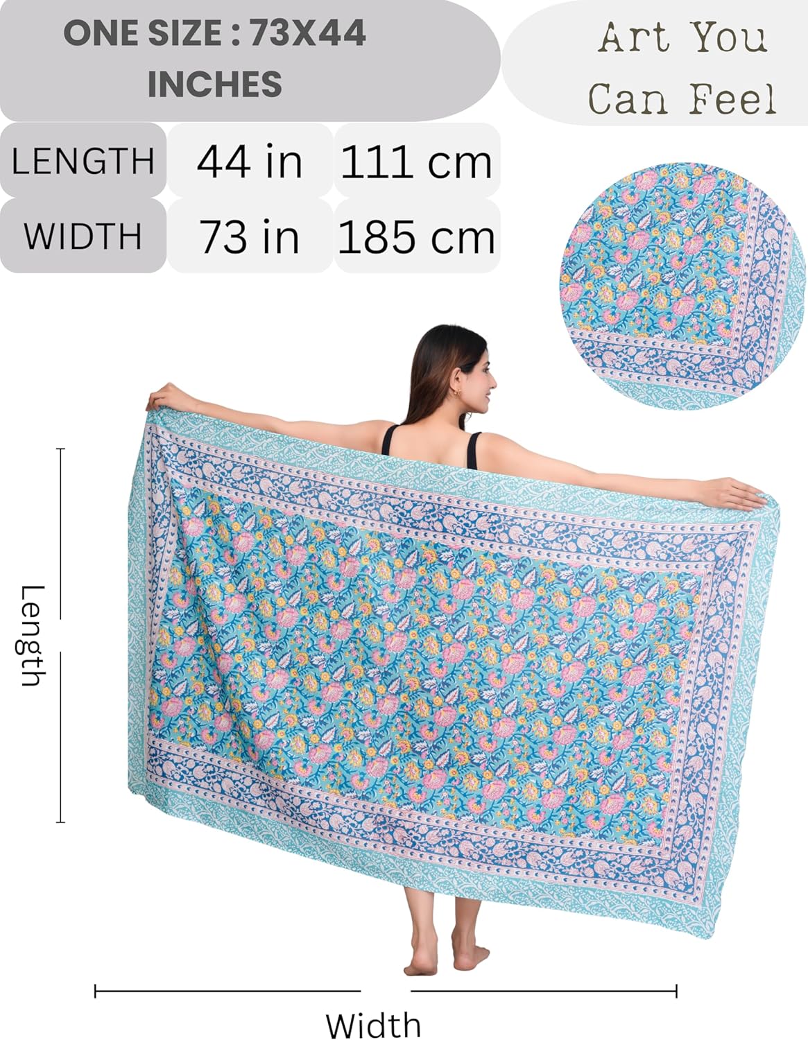 Hand Block Printed Cotton Sarong Wraps for Women – Lightweight Beach Swimsuit Cover Up, One Size Pareo 73 x 44 In - Image 6