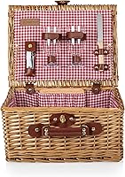 Picnic Time Classic Wine & Cheese Picnic Basket for 2 - English-Style Wicker with Cheese Board, Wine Glasses, Red Gingham Interior