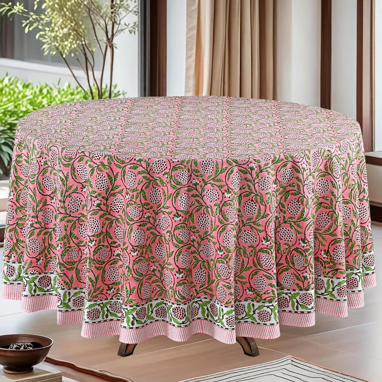 Ridhi Round Tablecloth Hand Block Print Cotton Reusable Strawberry Pink 90 Inch Table Cover Decorative Everyday Use for Dining, Home, Party, Wedding Gift for Spring, Easter, Valentine