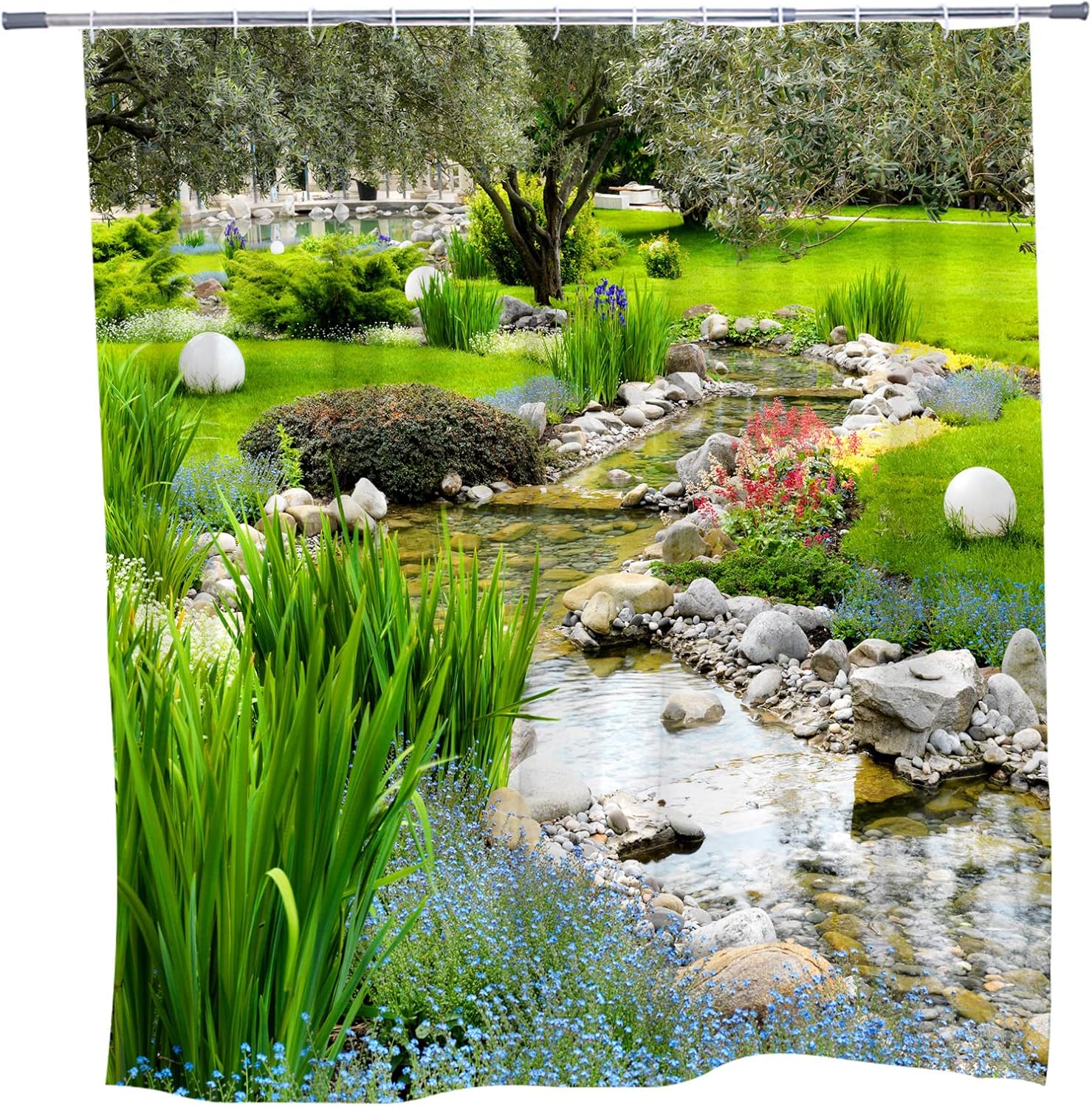 Garden Shower Curtain Green Plants Landscape Bathroom Curtains Spring Colorful Flowers Nature Scenery Rustic Floral Stream Country Bathtub Decor with Hooks 108 x 70 inch