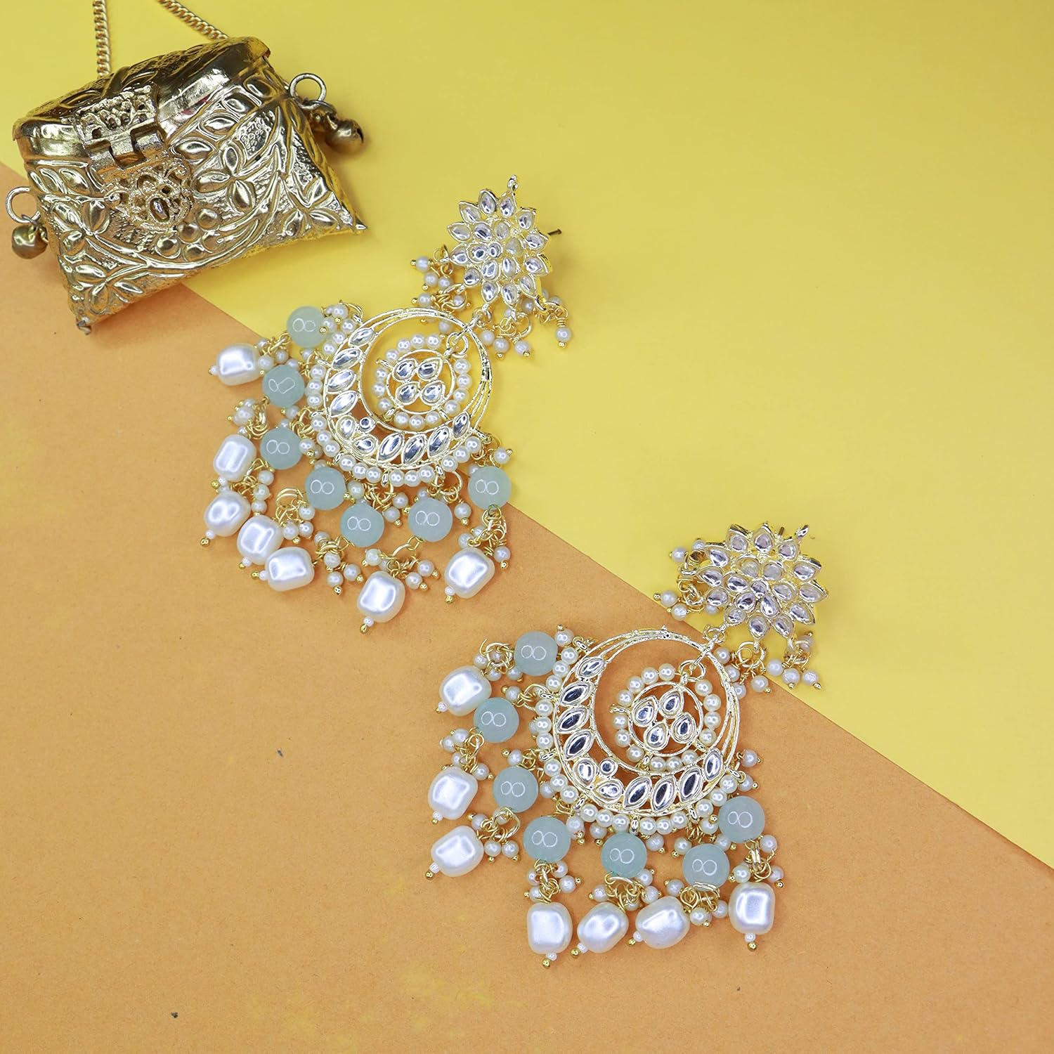 I Jewels Gold Plated Indian Wedding Bollywood Kundan & Pearl Chandbali Earrings for Women