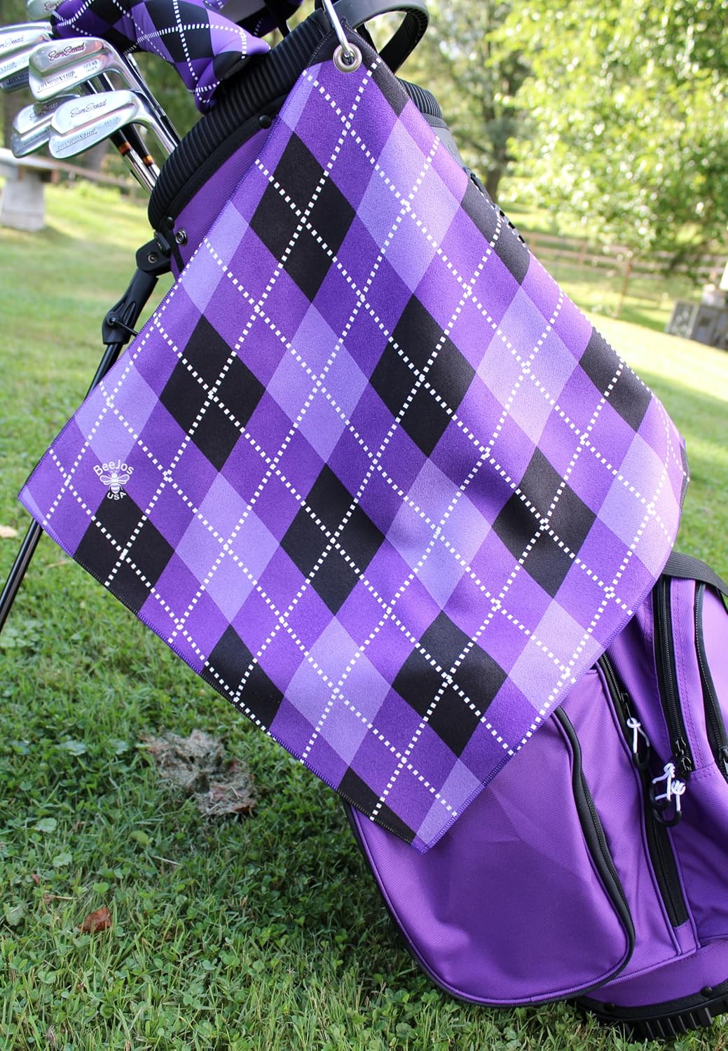 Women's Argyle Golf Club Headcover 4 Piece Gift Set- Includes 1 Driver, 1 Fairway, 1 Hybrid and 1 Matching Microfiber 18" x18' Sports Towel with Carabiner Clip Handmade in USA (Purple)