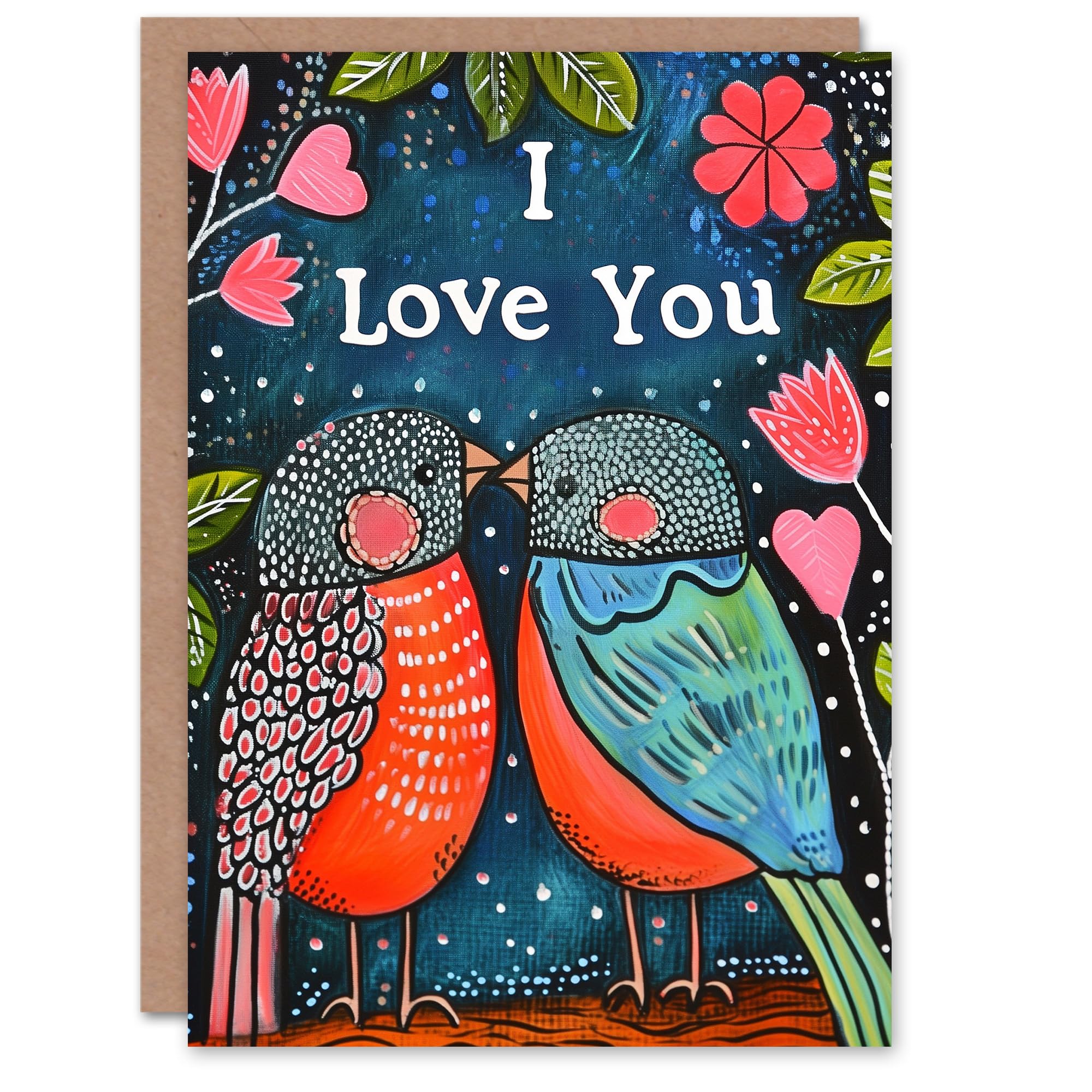 Artery8 Greeting Card - Anniversary Card - I Love You Birds Tree Flowers - Dark Blue