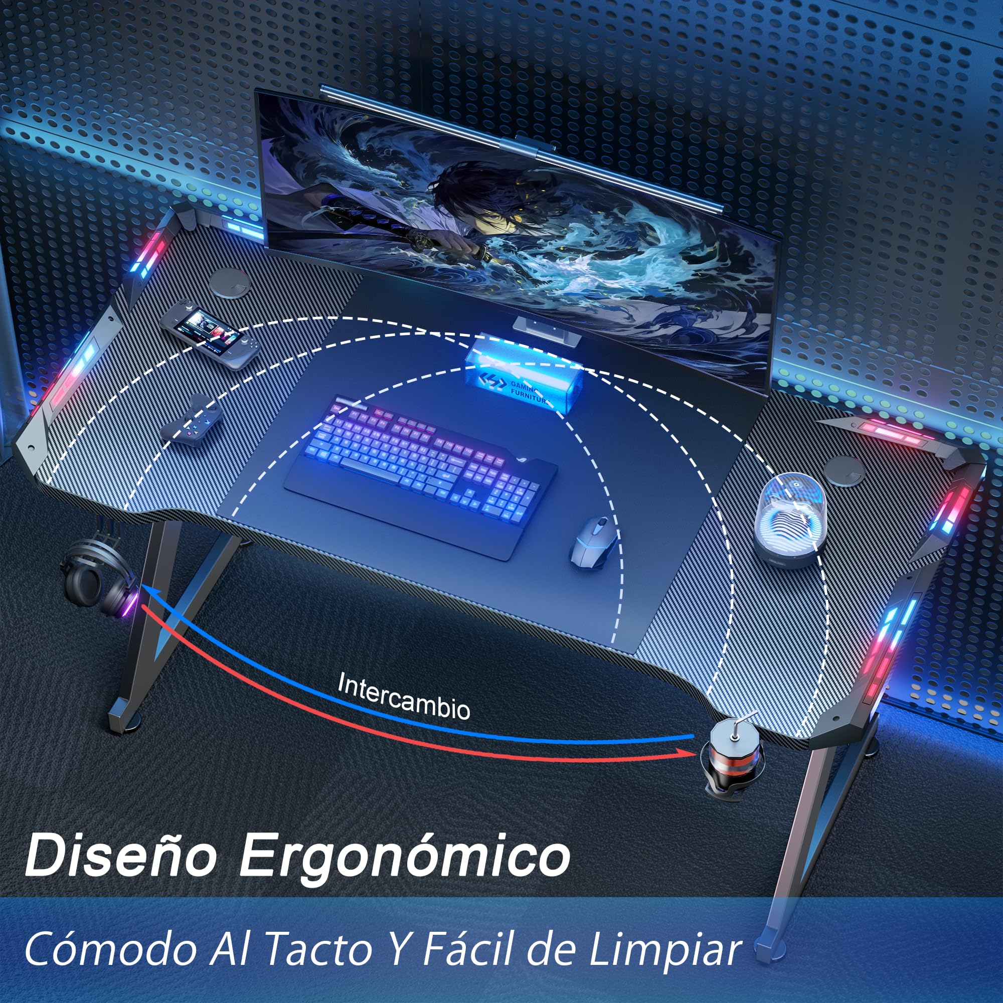 HLONONE Mesa Gaming LED 120 cm × 60 cm, Ergonómico Mesa Gamer con Tablero de Fibra de Carbono, Escritorio Gaming con Alfombrillas de ratón, Portavasos y Gancho para Auriculares, Negro