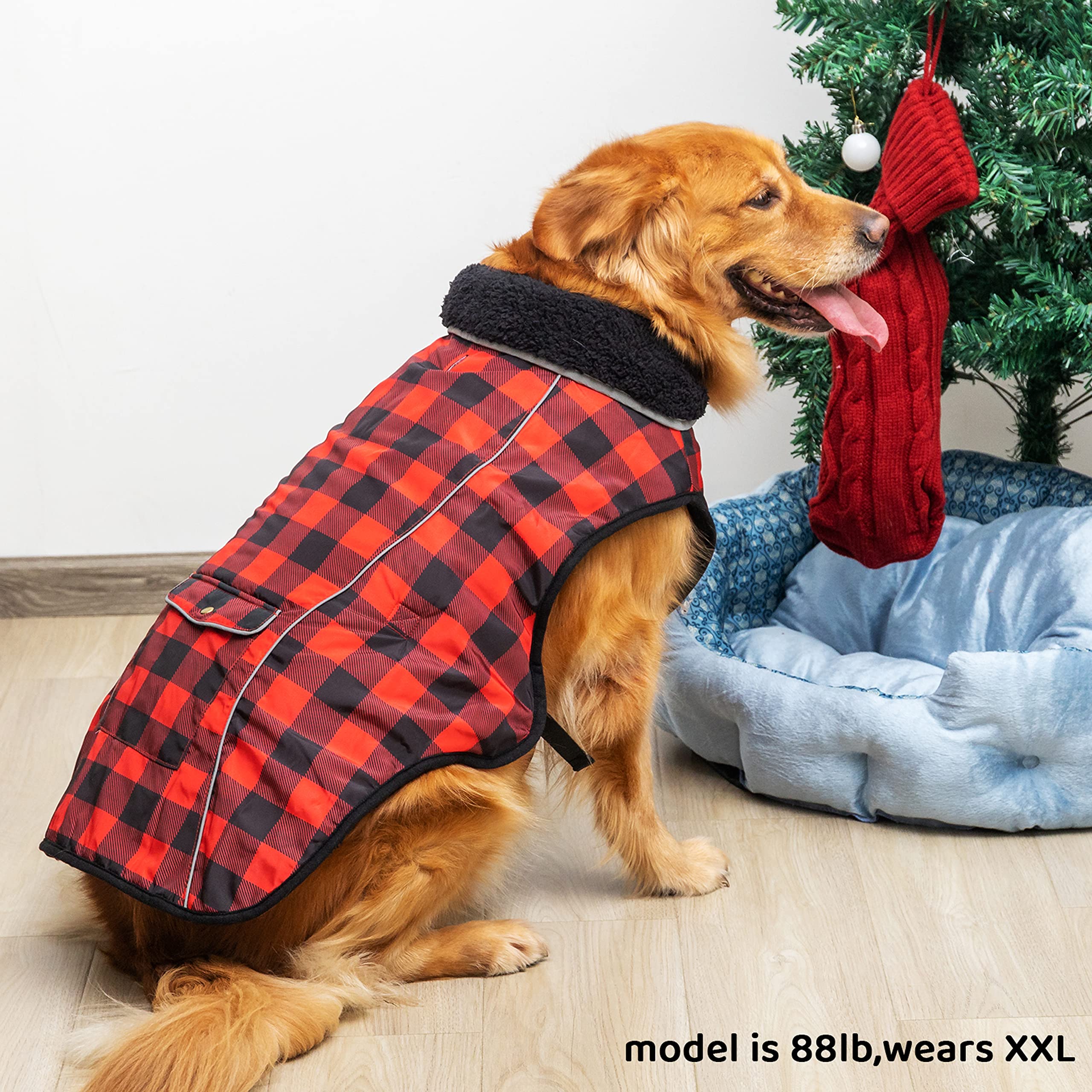 Abrigo de invierno para perro, ropa de forro polar cálido para lluvia, nieve, viento, clima frío, reflectante, ajustable, acogedor, impermeable, resistente al viento, con agujero para correa para