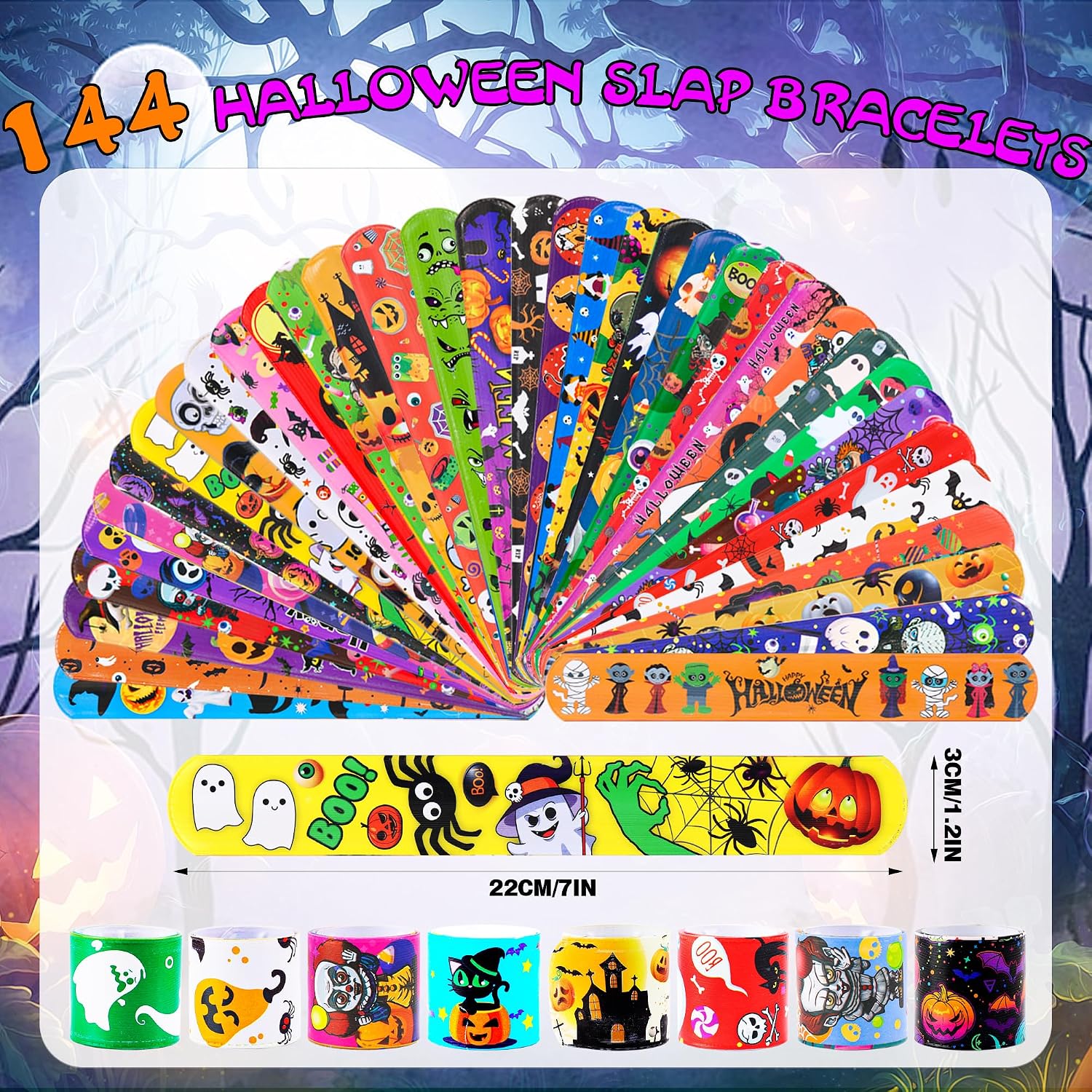 LUYI 144 PCS Halloween Slap Bracelets,Halloween Party Favors Supplies for Kids-108 Different Designs Bracelets Bulk for Halloween Decorations Treat Toys Bag Stuffers Gift for Kids Girls Boys image 2