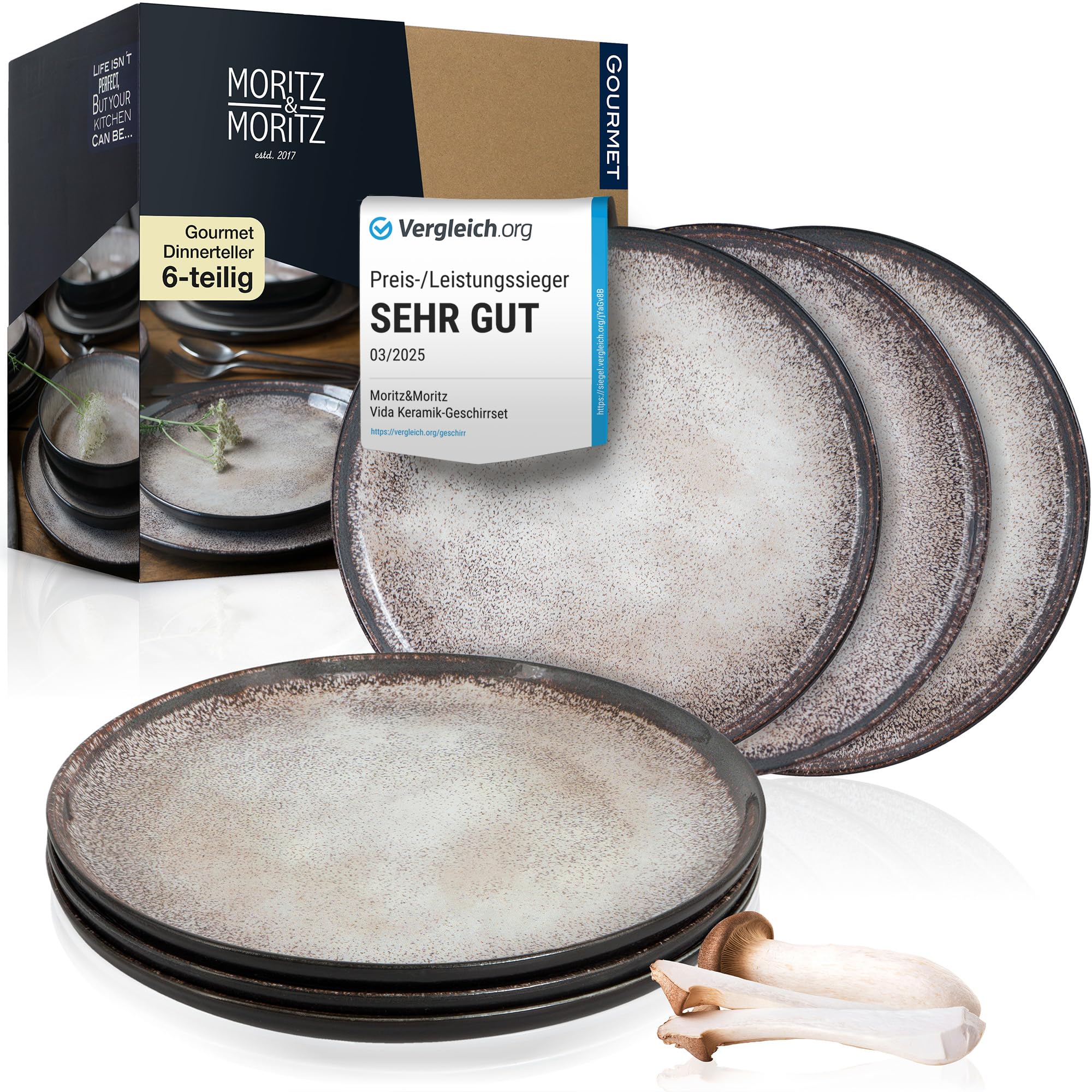 Moritz & Moritz VIDA 6er Dinner Teller Set Beige - Dinnerteller für 6 Personen - Porzellan spülmaschinen- und mikrowellengeeignet