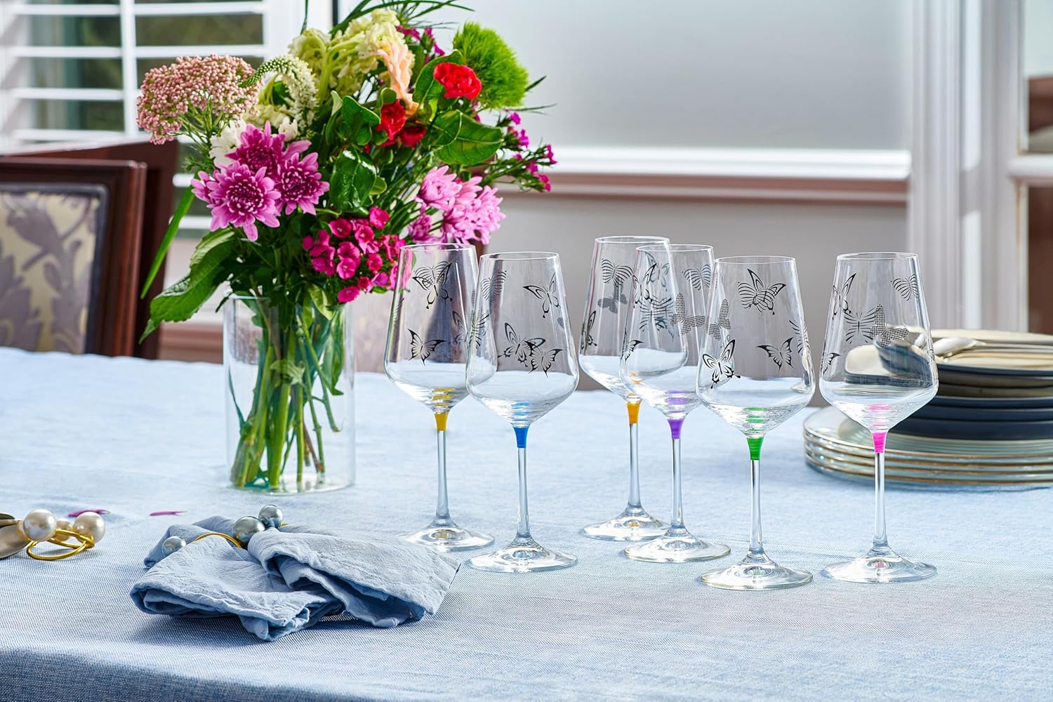 Barski Wine, Water, Goblet Crystal Glasses, With Butterfly Imprint on the Glass, Assorted Colour Stem, Set of 6 Glasses, 16 oz, Gift Boxed, Made in Europe - Image 2